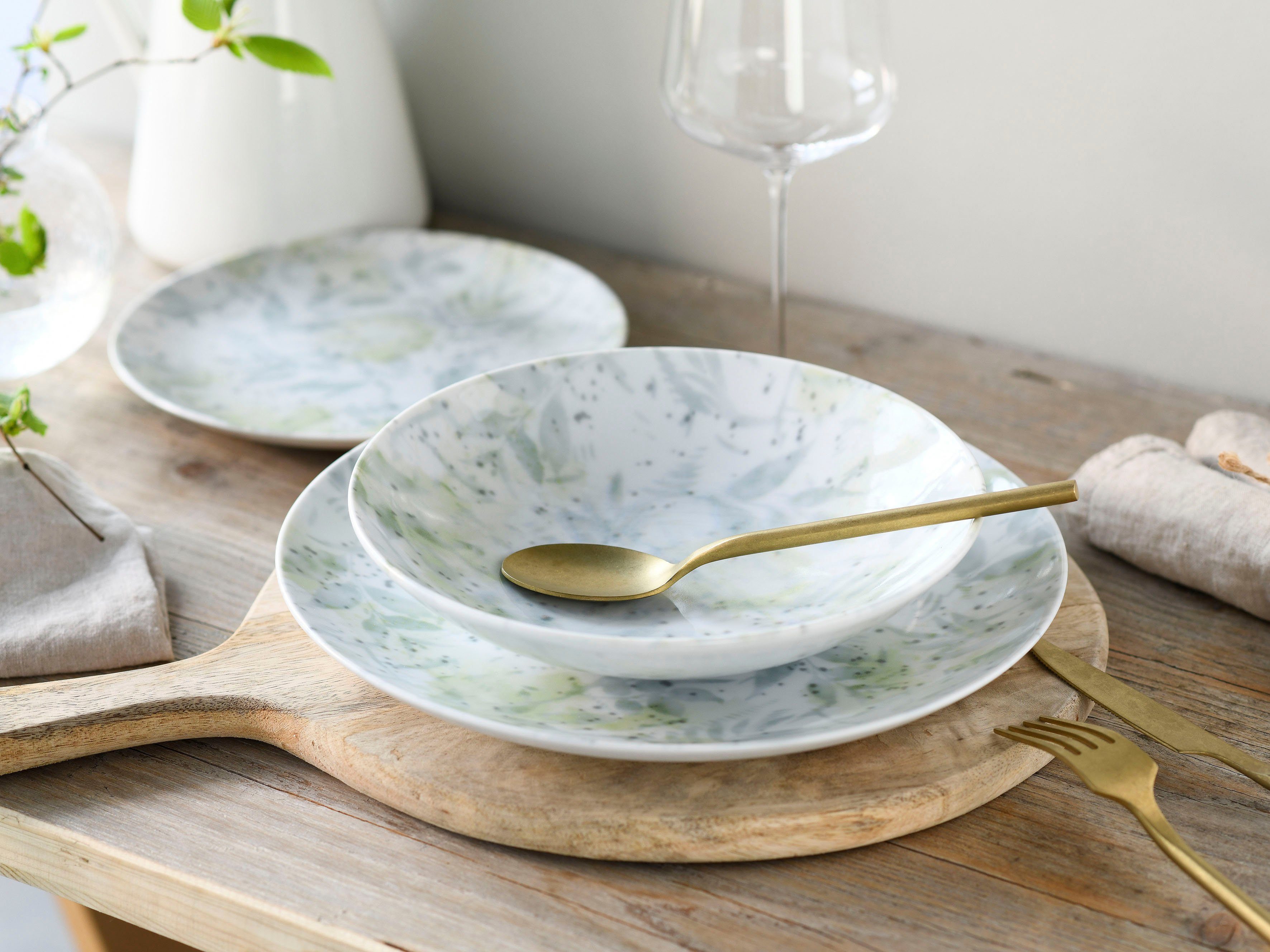 CreaTable Teller-Set Geschirr-Set Home - Tropical (12-tlg), 4 Personen, Porzellan, Service, im Used-und Vintage-Look, 12 Teile, für 4 Personen