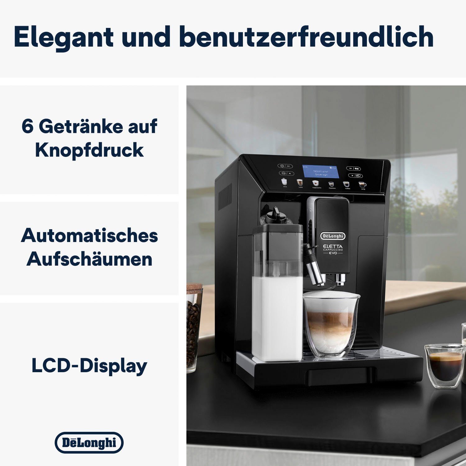 De'Longhi Kaffeevollautomat Eletta Evo ECAM46.860.B - Espresso, (Long) Coffee, Cappuccino, Latte, Integrierte Mahltechnologie für Kaffeebohnen, Extra leises Mahlwerk