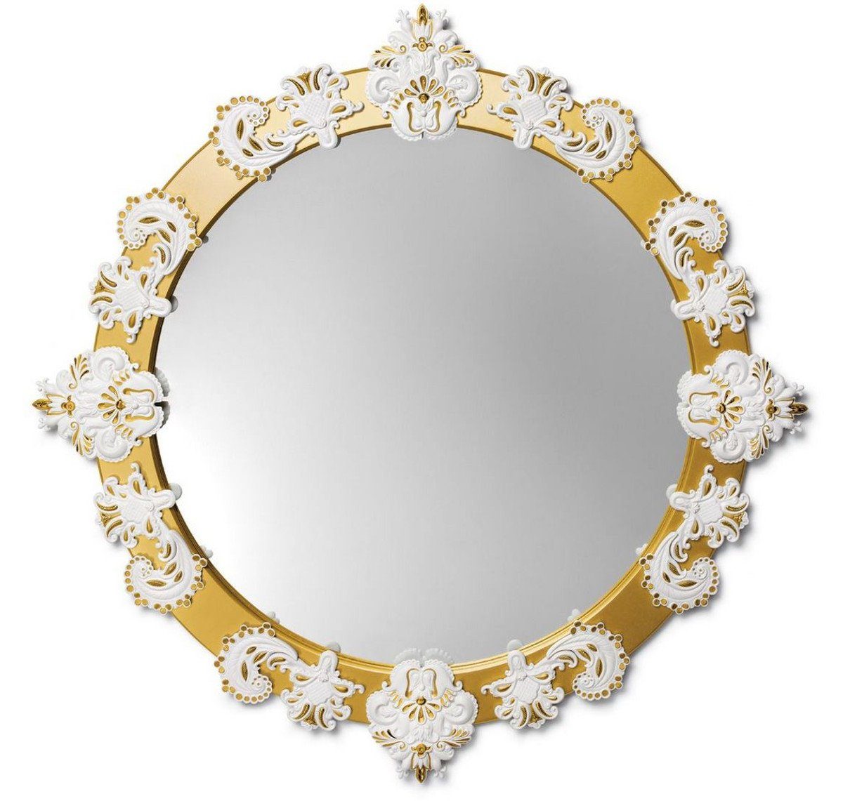 mit feinstem Luxus aus Padrino Gold Wandspiegel - Ø Porzellan Spanischen Deko / 124 Weiß cm Spiegel Casa handgefertigter Wandspiegel Porzellan Designer