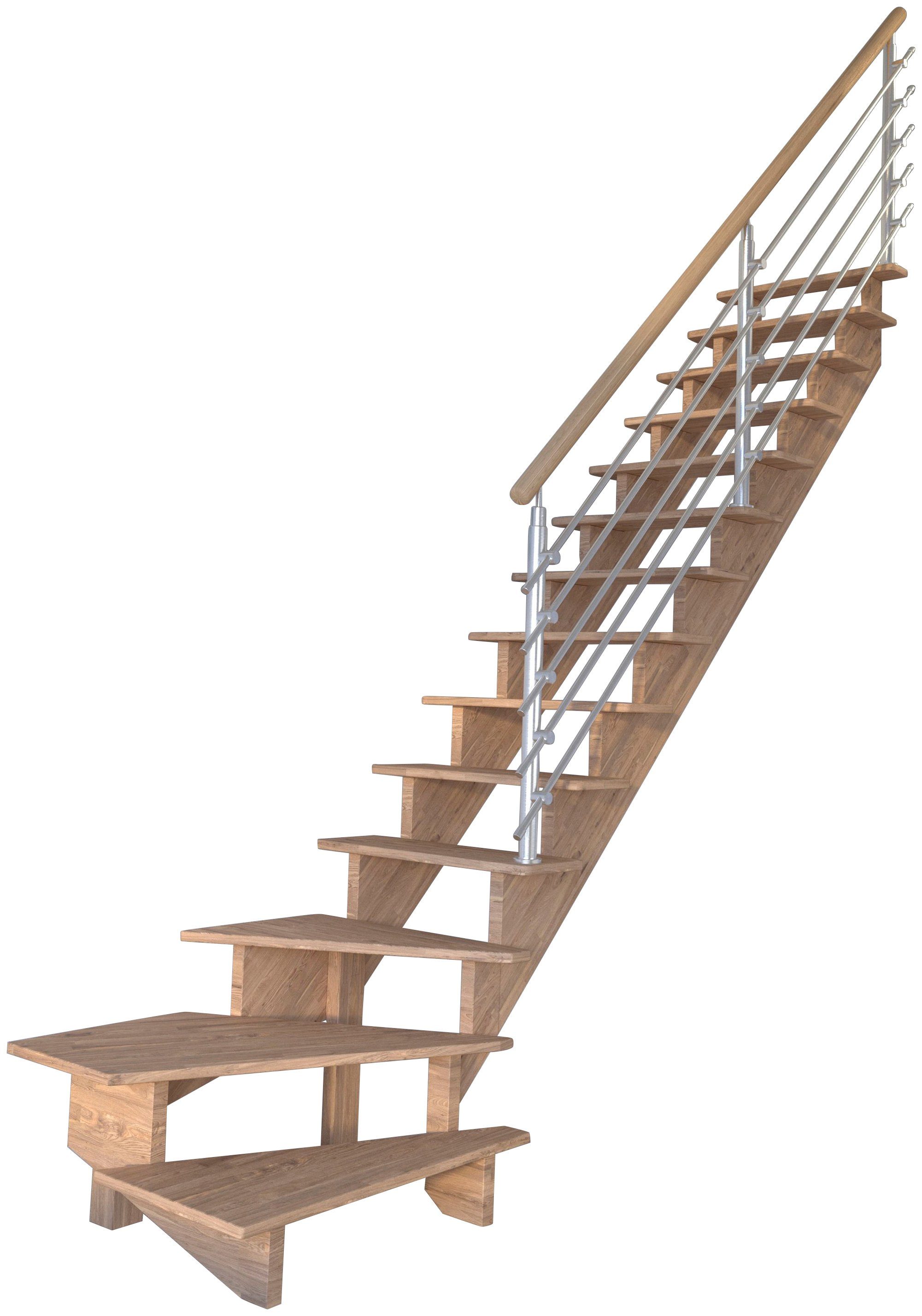 Starwood Systemtreppe Massivholz Lindos, Design-Geländer Edelstahl, für Geschosshöhen bis 300 cm, Stufen offen, gewendelt Rechts, Durchgehende Wangenteile