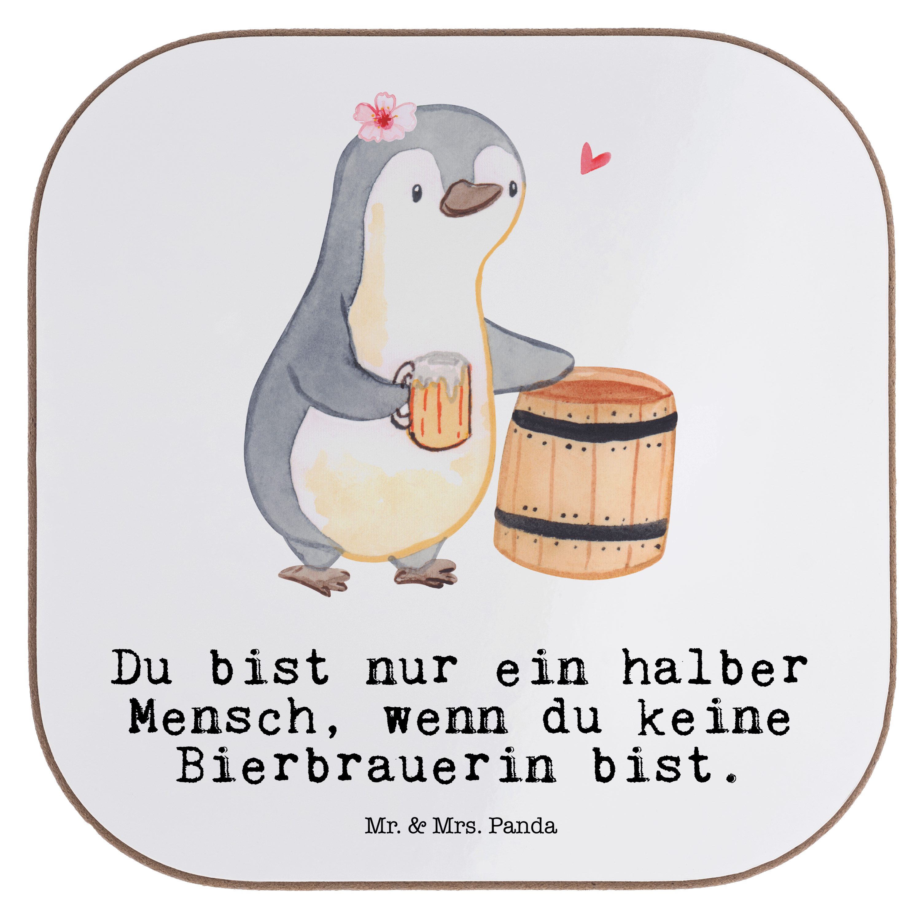 Mr. & Mrs. Panda Getränkeuntersetzer Bierbrauerin mit Herz - Weiß - Geschenk, Getränkeuntersetzer, Abschie, 1-tlg.