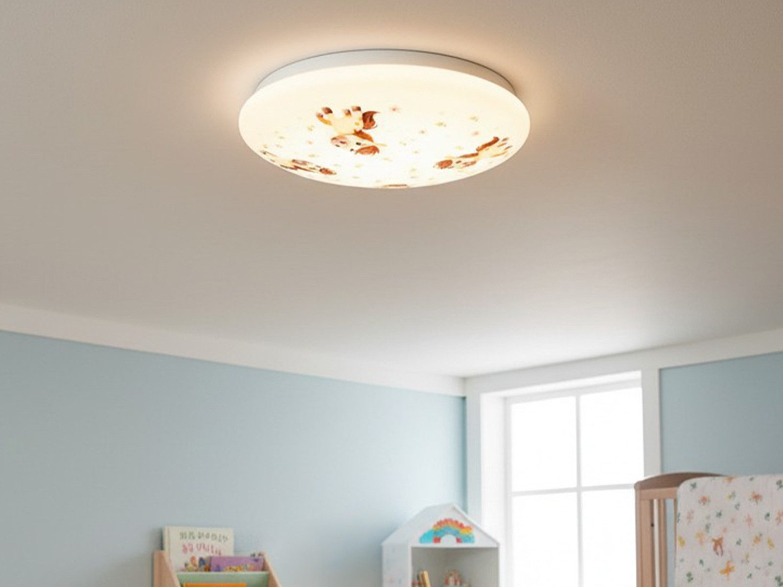 niermann LED Deckenleuchte mit Pony auf Blumenwiese Motiv, Ø 35cm, Dimmfunktion, Über Schalter in 3 Stufen dimmbar, LED wechselbar, Warmweiß, Coole Kinder-Lampe flach für die Decke im Jugendzimmer