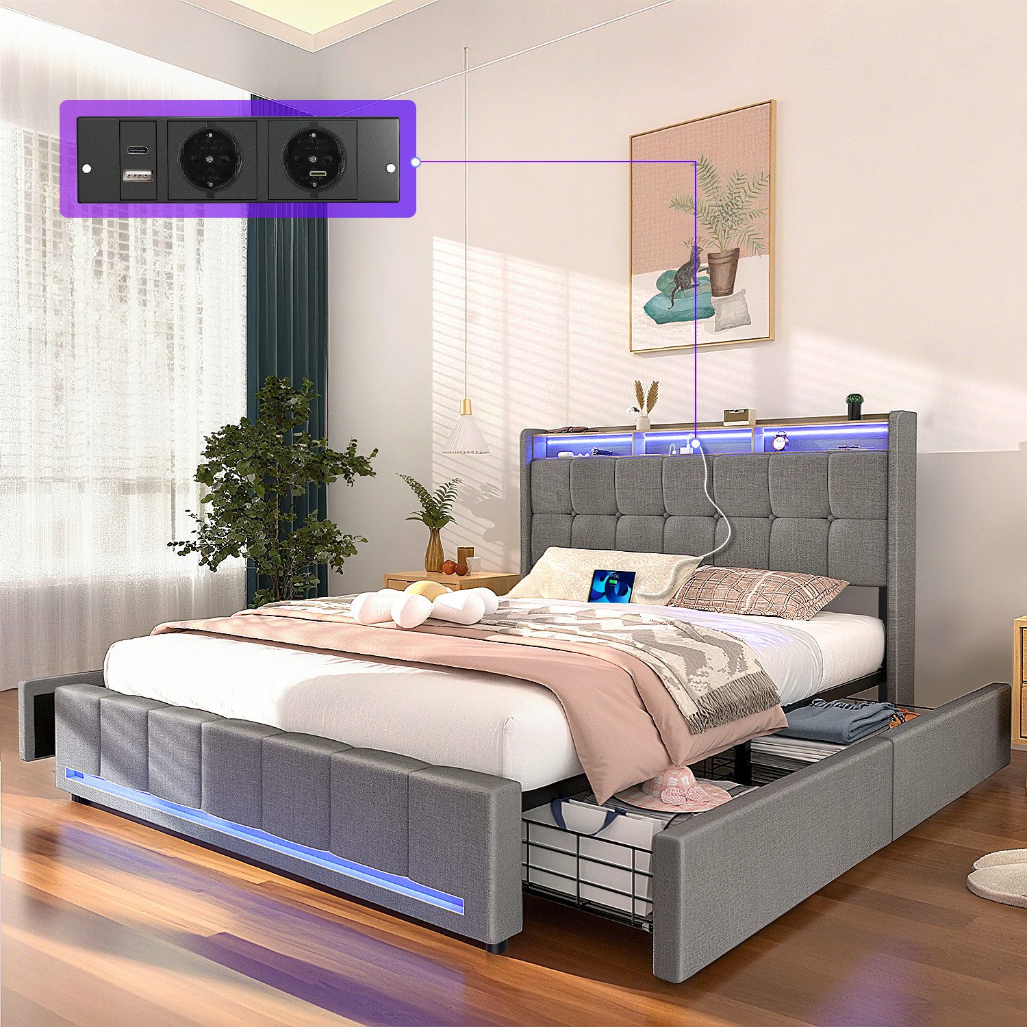 oyajia Polsterbett LED Doppelbett 140x200 cm mit 4 Schubkästen und Kopfteil günstig online kaufen