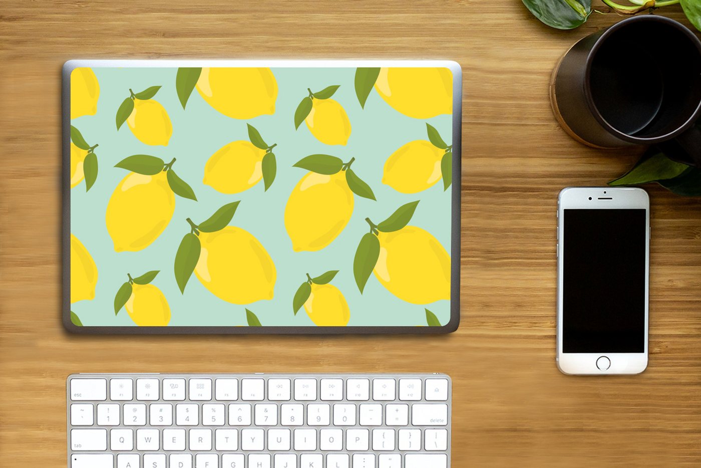 Thumbnail - MuchoWow Laptop-Aufkleber Muster Zitronen - Gelb - Blau - Muster - Früchte, (1tlg), Laptop Folien Cover, Aufkleber, Stic...