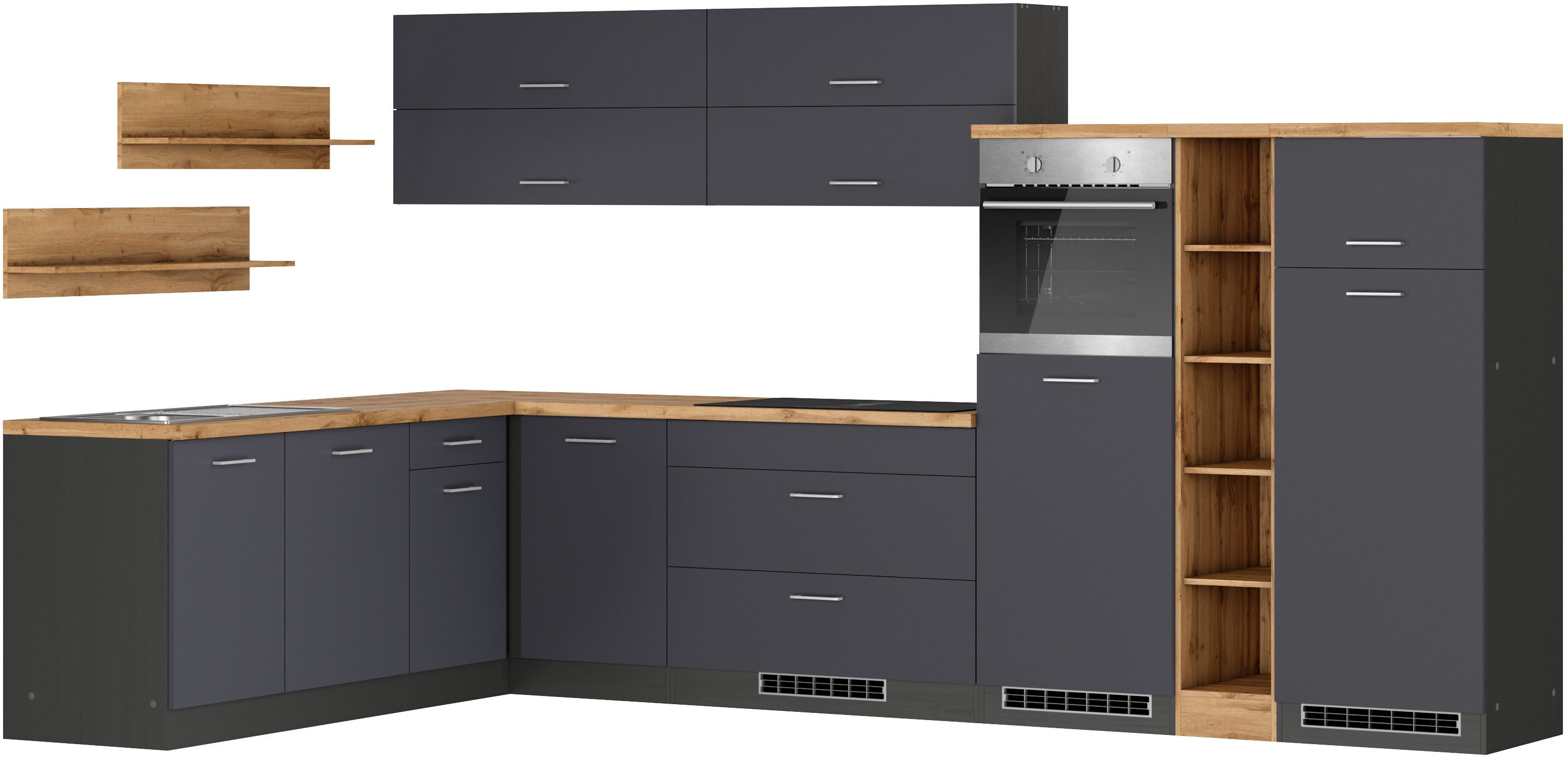 KOCHSTATION Winkelküche KS-Milan, optional mit Muldenlüfter, Stellbr.360/220 cm, wahlweise mit E-Geräten, Kochfeld mit Dunstabzug