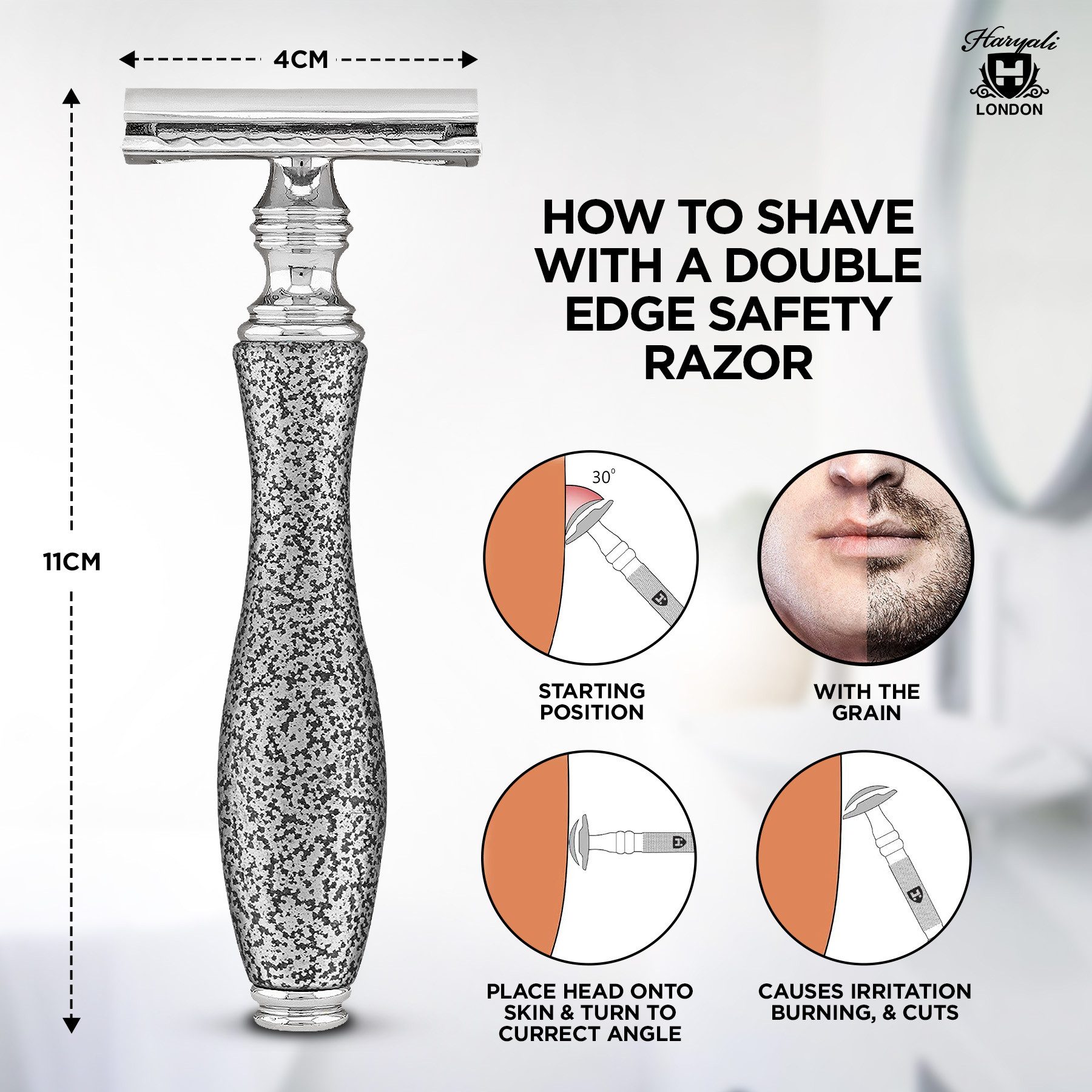 Haryali London Nassrasierer De Rasierhobel für Damen und Herren, antiker Metallgriff, Grau, Packung, Rutschfester Nassrasierer aus hochwertigem Messing Silber, Abwaschbarer, rutschfester glänzender Harzgriff, bestes Rasiererlebnis
