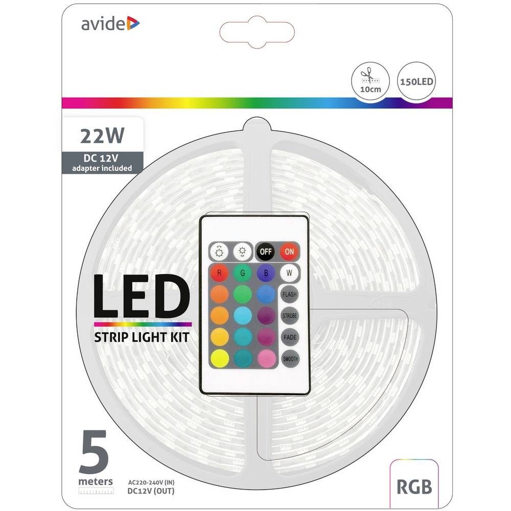 avide LED Stripe LED-Streifen 12V 7.2W RGB 5m ABLSBL12V5050-30RGB65, kürzbar, mit Fernbedienung