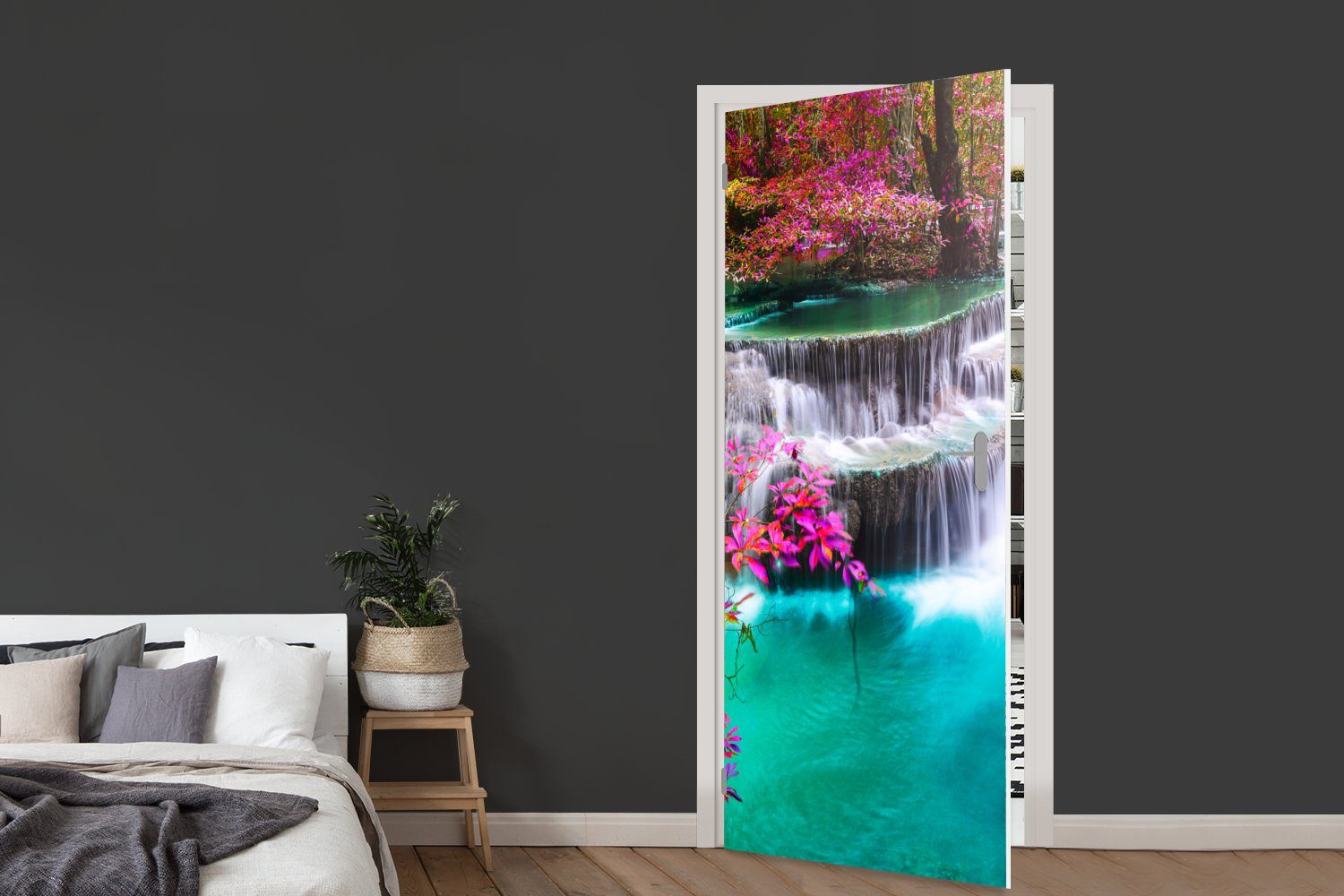 MuchoWow Türtapete Tür, - Wasserfall Natur, (1 - - Türaufkleber, cm - für Regenbogen St), Fototapete Matt, Sonne Bäume bedruckt, 75x205