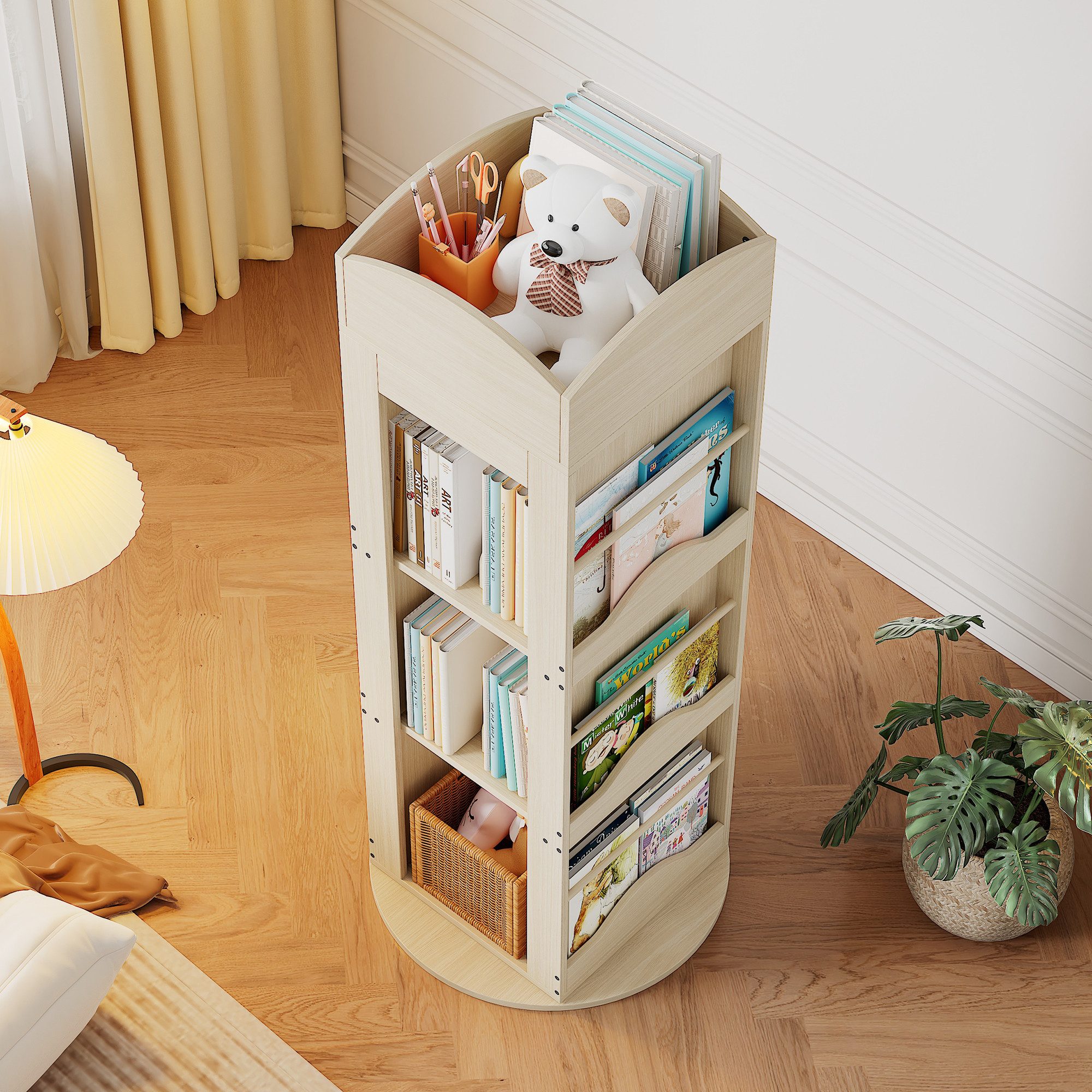Flieks Bücherregal 360° drehbar, 142×63×63 cm 1-tlg., 4 Ebenen Standregal schwenkbar Lagerregal mit Fächern Holzoptik