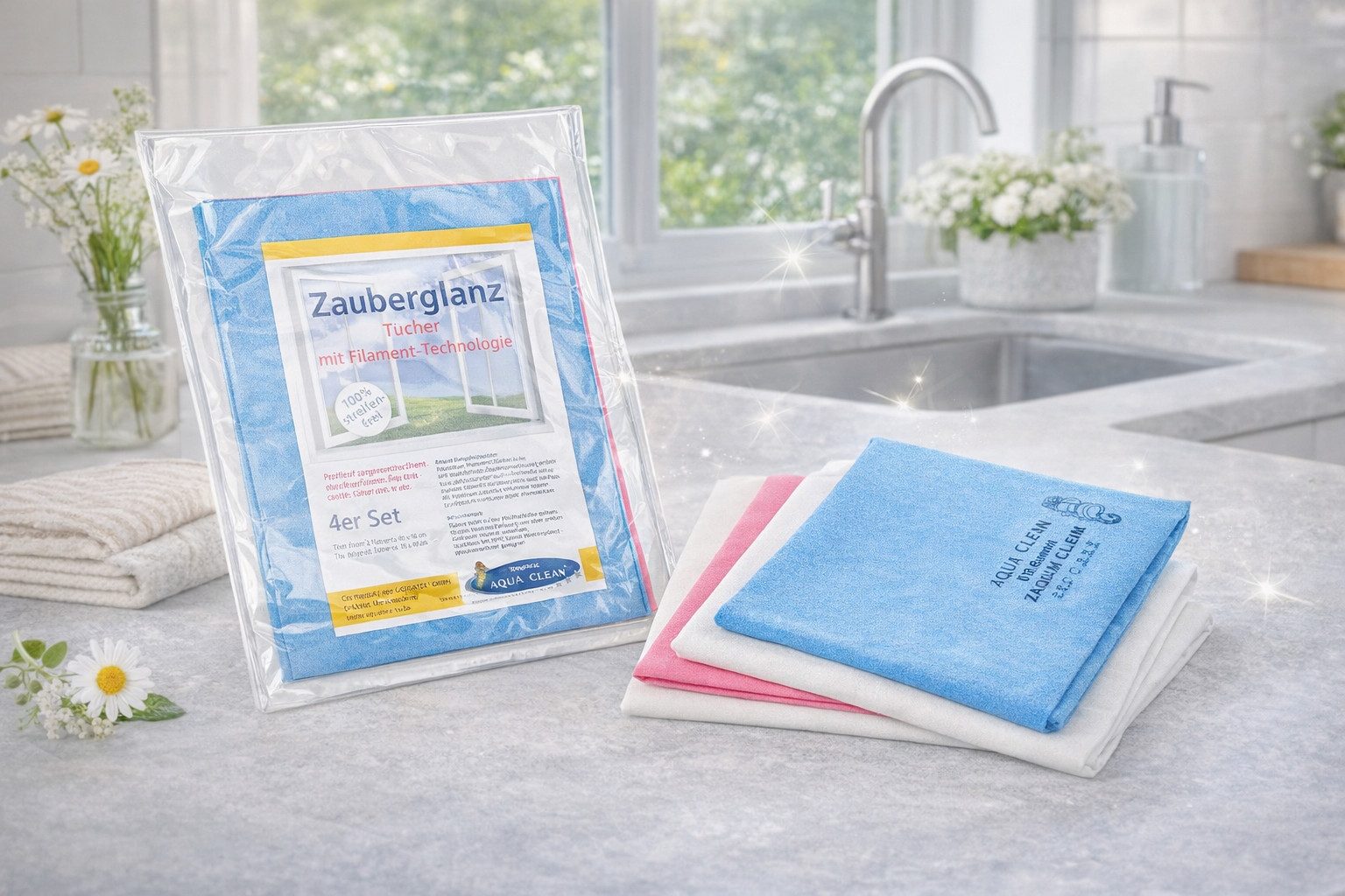 AQUA CLEAN Filament Zauberglanztücher 4er Set Mikrofasertuch (2 x 40 x 50 cm und 2 x 45 x 60 cm Filament Zauberglanztücher, Robust, langlebig und streifenfreier – Bild 4 von 5