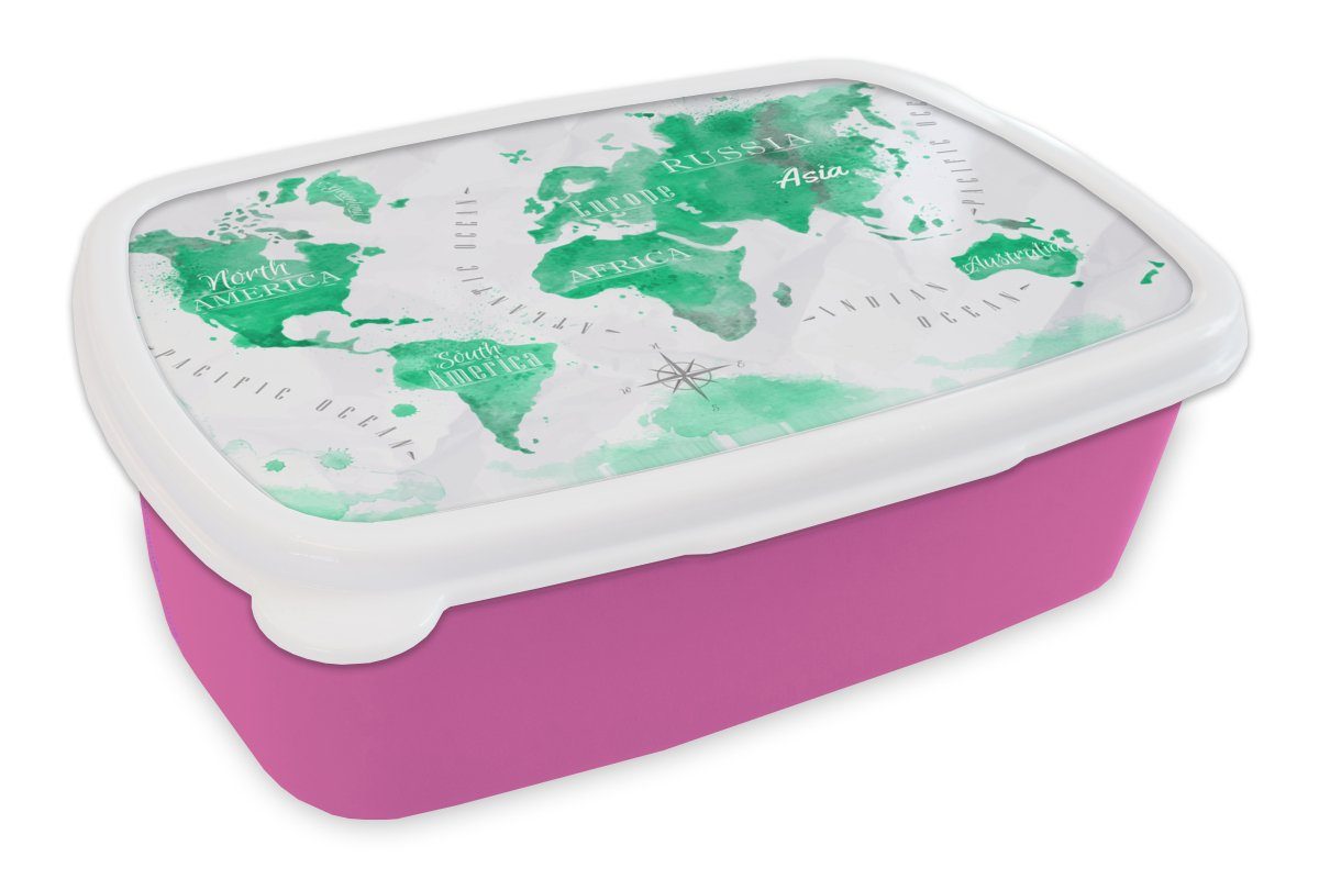 MuchoWow Lunchbox Weltkarte - Ölfarbe - Grün, Kunststoff, (2-tlg), Brotbox für Erwachsene, Brotdose Kinder, Snackbox, Mädchen, Kunststoff rosa