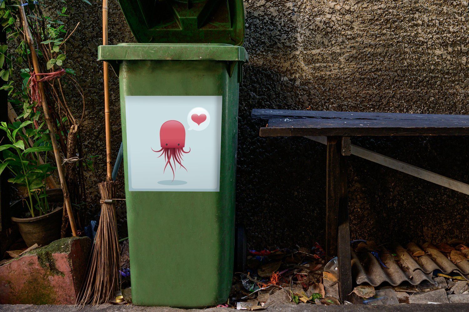 MuchoWow Wandsticker Qualle - Rot Mülltonne, (1 Mülleimer-aufkleber, Sticker, - Herz Container, Abfalbehälter St)