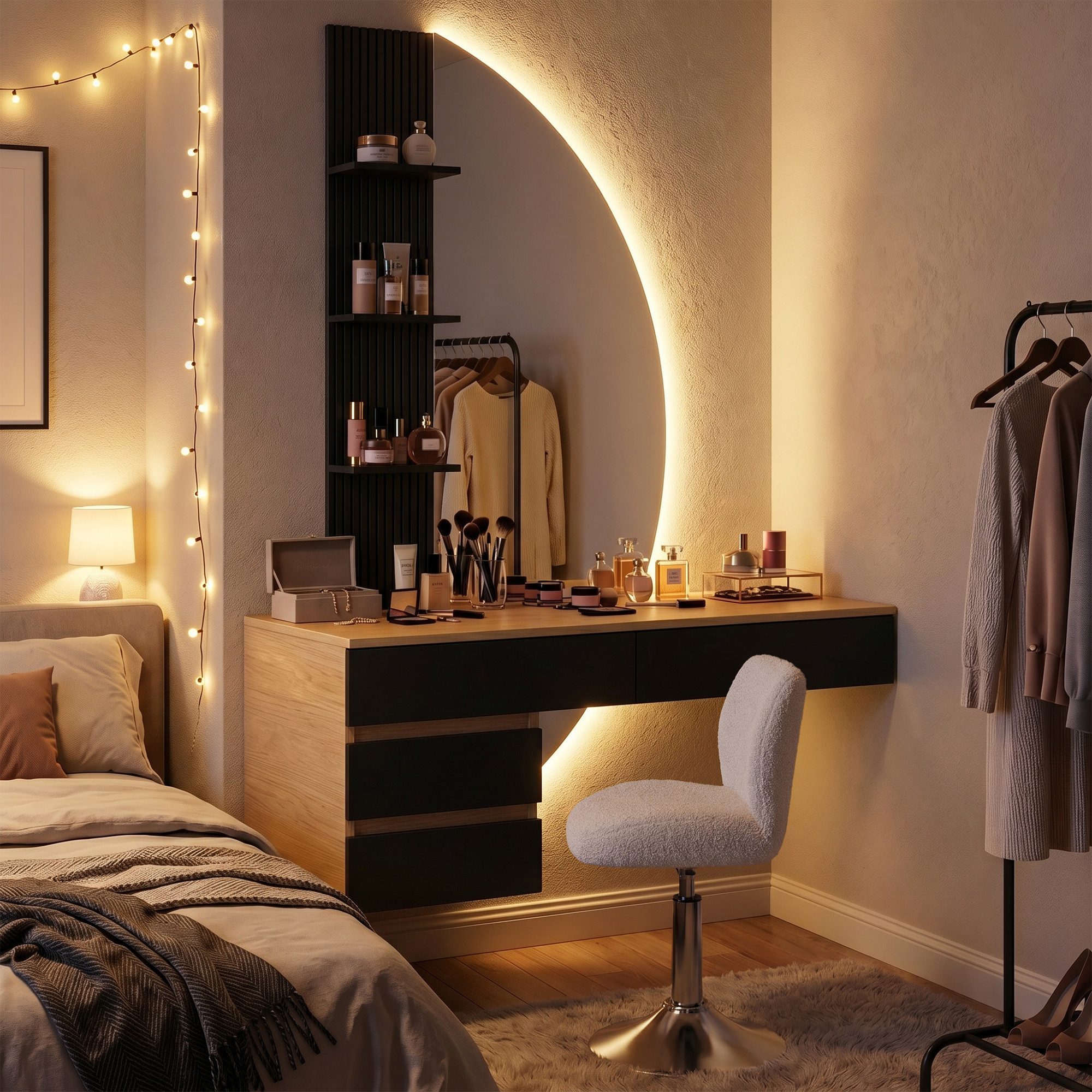 HOMALL Schminktisch Hängender Schminktisch mit drei einstellbaren Farbtemperaturen (LED-Silikon-Lichtleiste in drei Farben, Maße: 106 × 40 × 143 cm, mit 3 offen – Bild 3 von 5