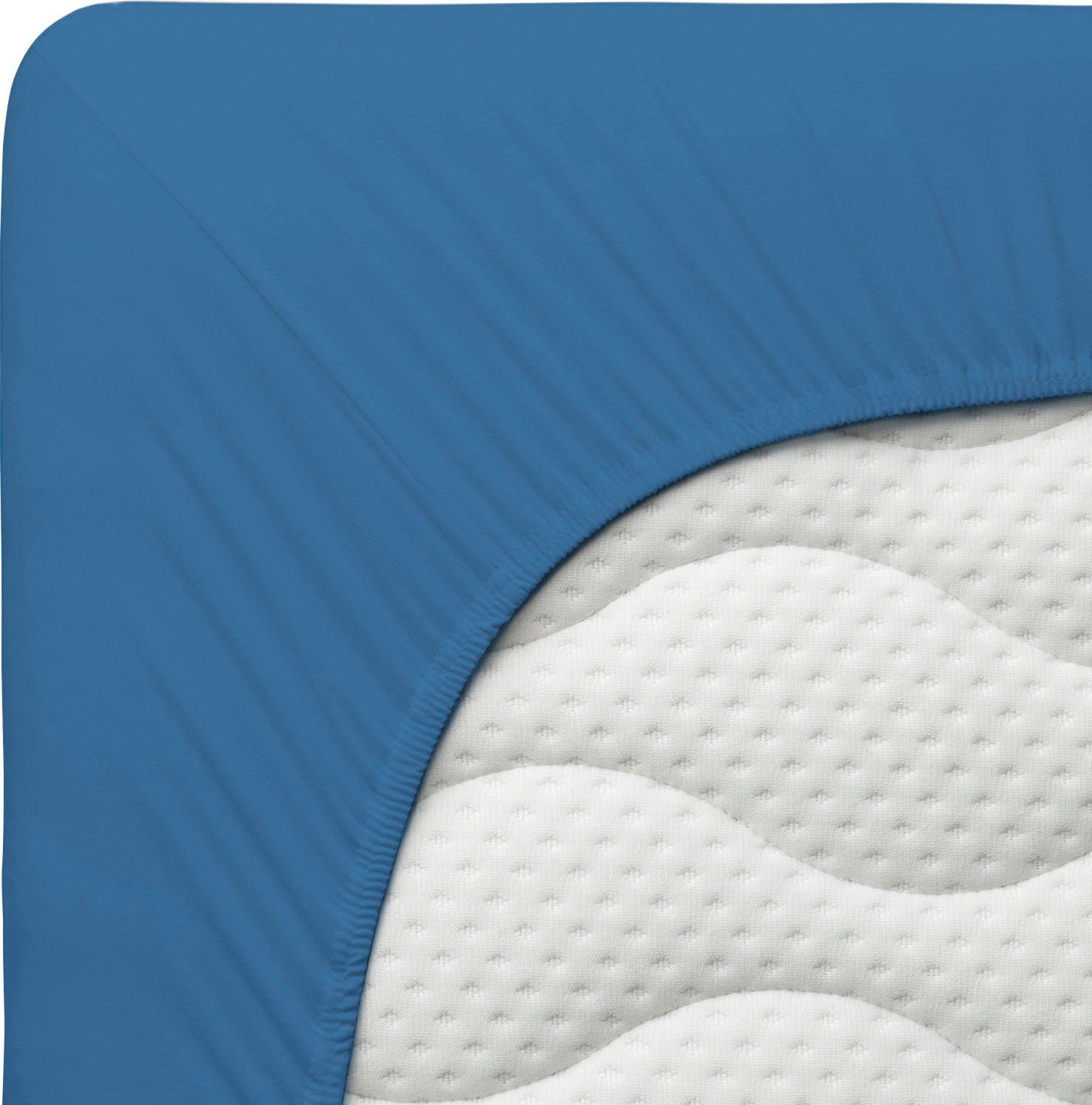 rundum, Verpackung nachhaltige Mako-Zwirn-Jersey, blue Stück), (1 Schlafgut, Premium, Zero mid Gummizug: Spannbettlaken Waste