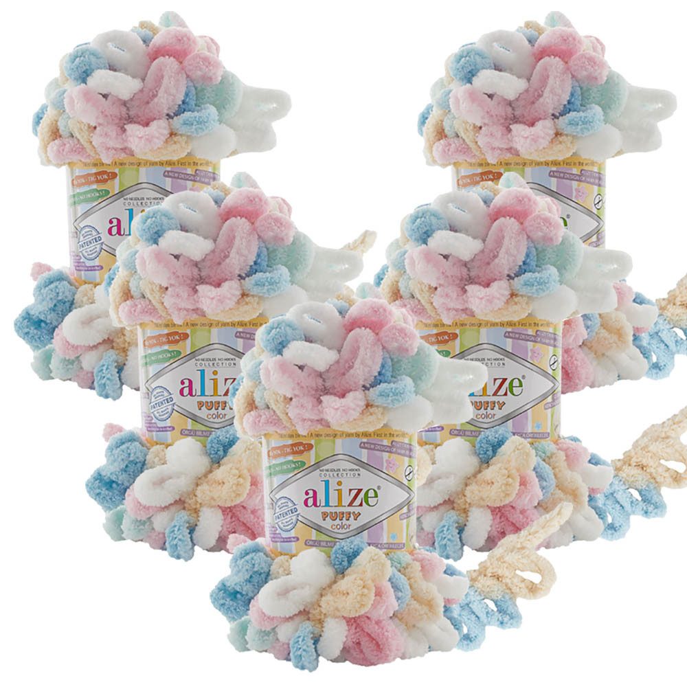 Alize 5 x ALIZE Puffy Color Häkelwolle, 9,2 m, Fingerstrick, mehrfarbige Schlaufenwolle,super bulky,Baby Deckengarn