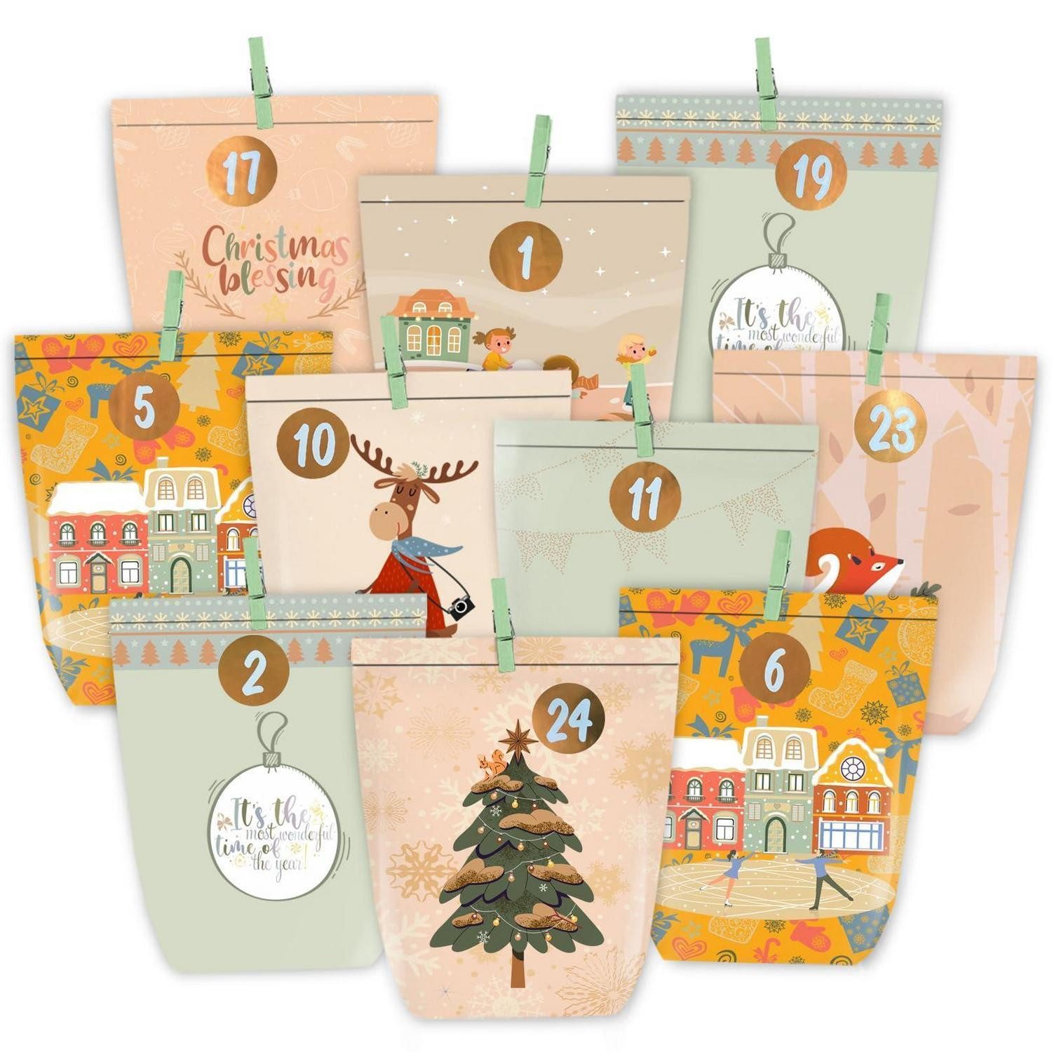 LuxusKollektion befüllbarer Adventskalender Adventskalender zum Befüllen 24 Kraftpapiertüten DIY Bunt Orange