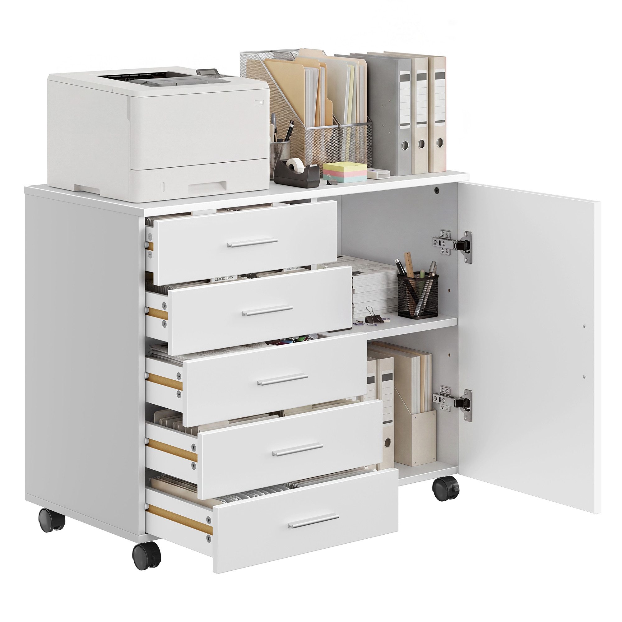VASAGLE Aktenschrank Rollcontainer, Schubladenschrank mit Tür, für Büro, Homeoffice Druckerständer mit 5 Schubladen, mit schraubenlosen Gleitschienen