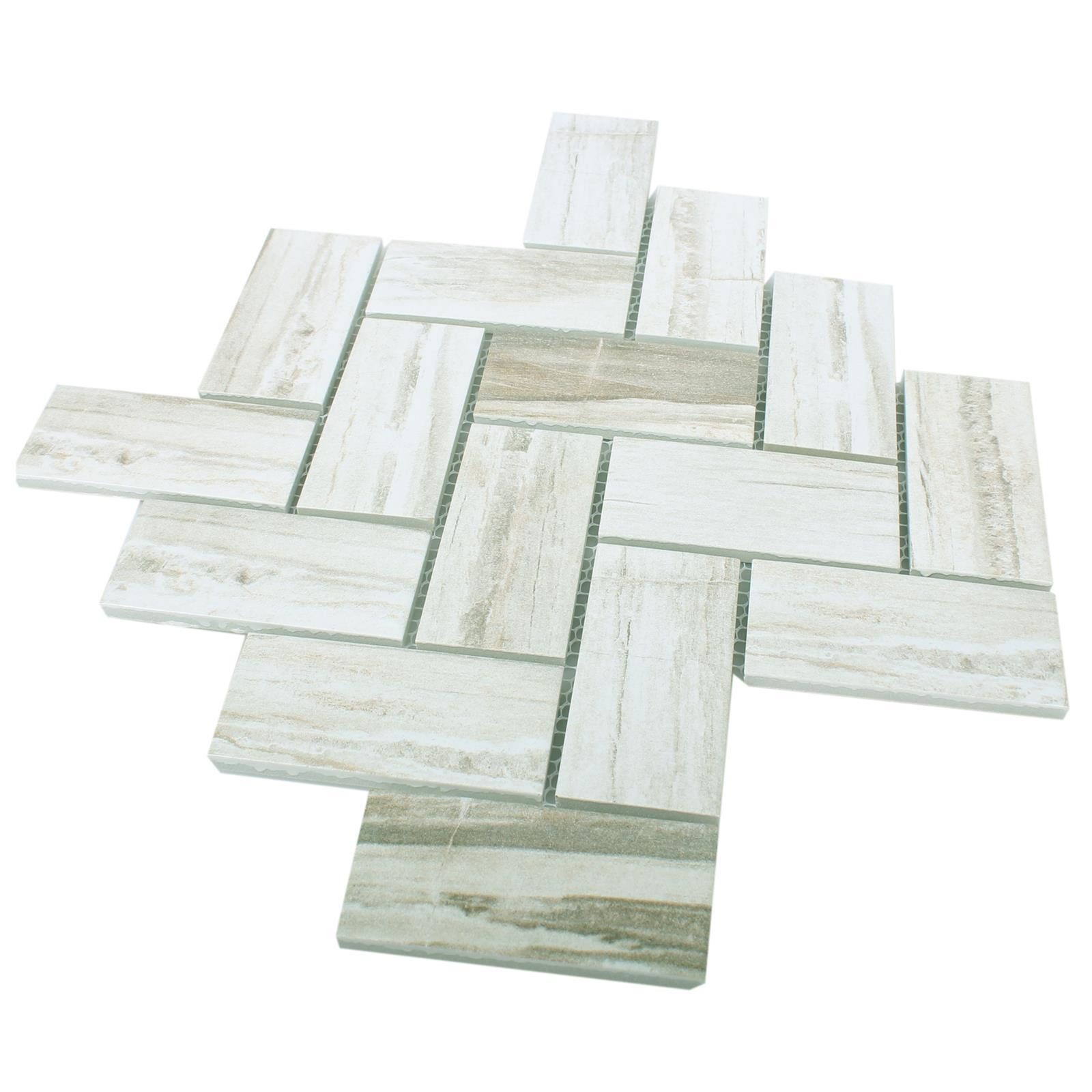 Mosafil Mosaikfliesen Keramik Holzoptik Mosaikfliesen Norfolk, Keramik 27.500x27.500, weiß-grau, Verlegefertig auf ein Netz geklebt - Frostsicher - Wasserfest