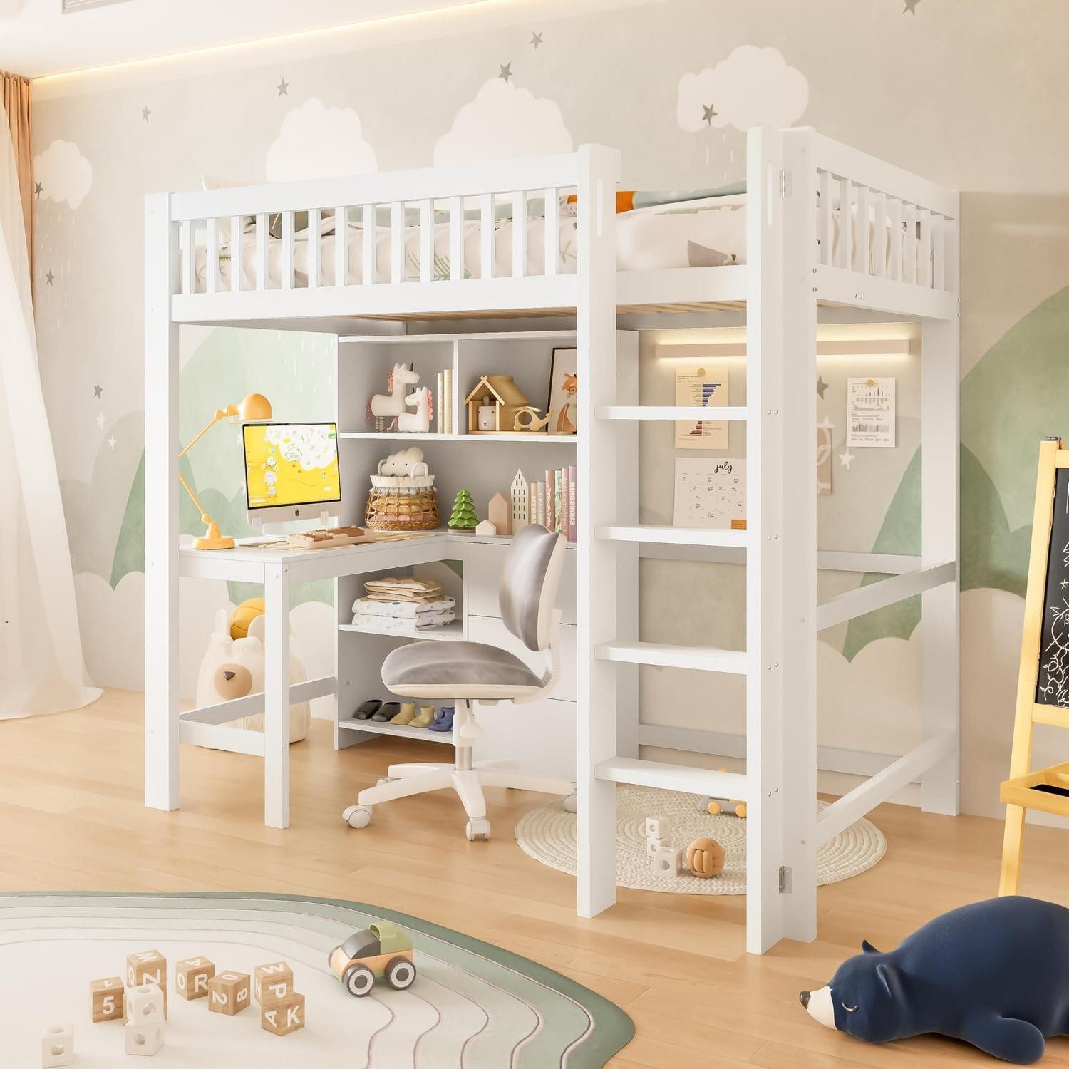 LuxusKollektion Kinderbett Hochbett Kinder 90x200 Schreibtisch Schubladen Weiß