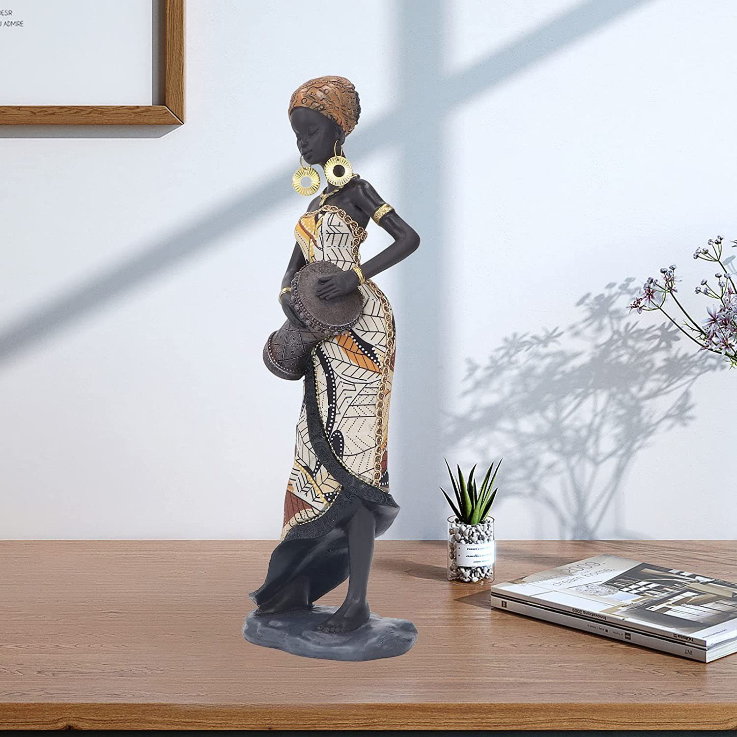 Kunst Dekoobjekt Statue Afrikanische Heimbüro HAMÖWO Kunstharz Figur für Deko Trommel