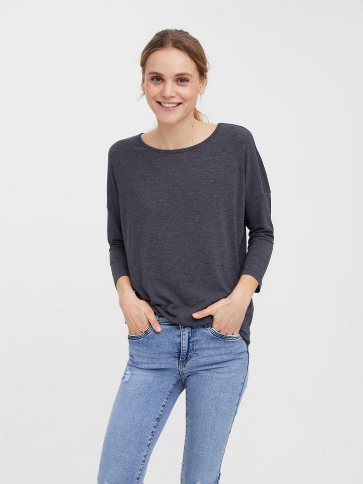 Vero Moda T-Shirt Einfarbiges 3/4 Arm Shirt Rundhals Langarm Top Oberteil  VMCARLA 4856 in Schwarz, Überschnittene Schulter