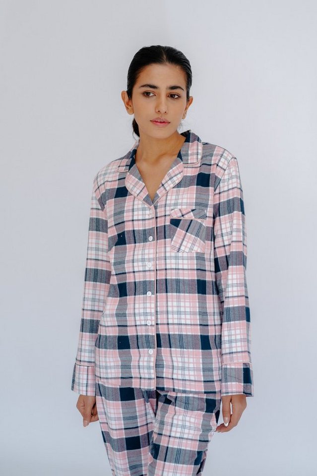SNOOZE OFF Pyjama Schlafanzug in blau-rosanem Karomuster (2 tlg., 1 Stück) mit  Kontrastpaspel-Details