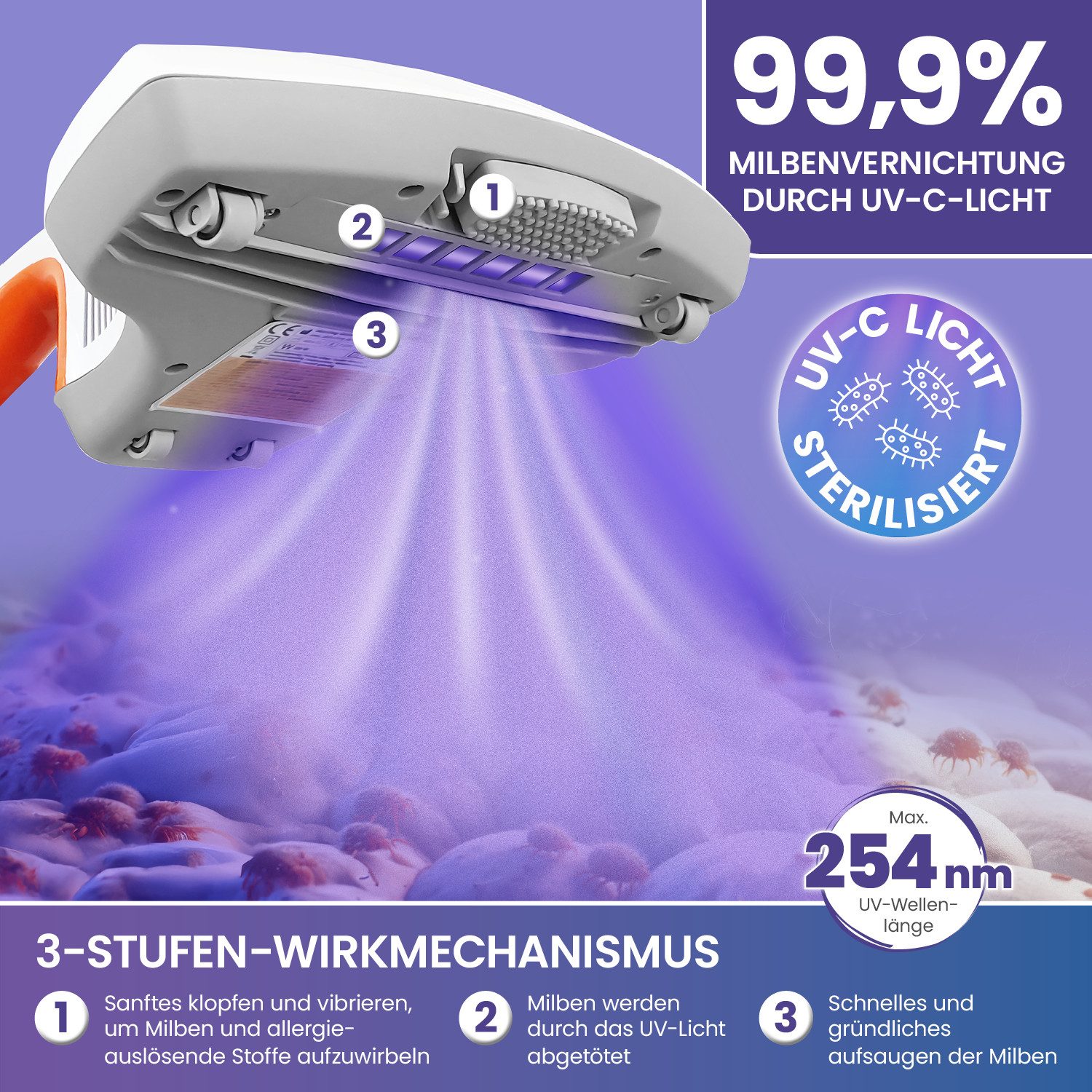 aktimeo Matratzenreinigungsgerät Milben-Handstaubsauger mit UV, Staubsauger Teppich, Sofa & Matratzen, 300,00 W, ohne Beutel, Aufrütteln & Absaugen der Milben