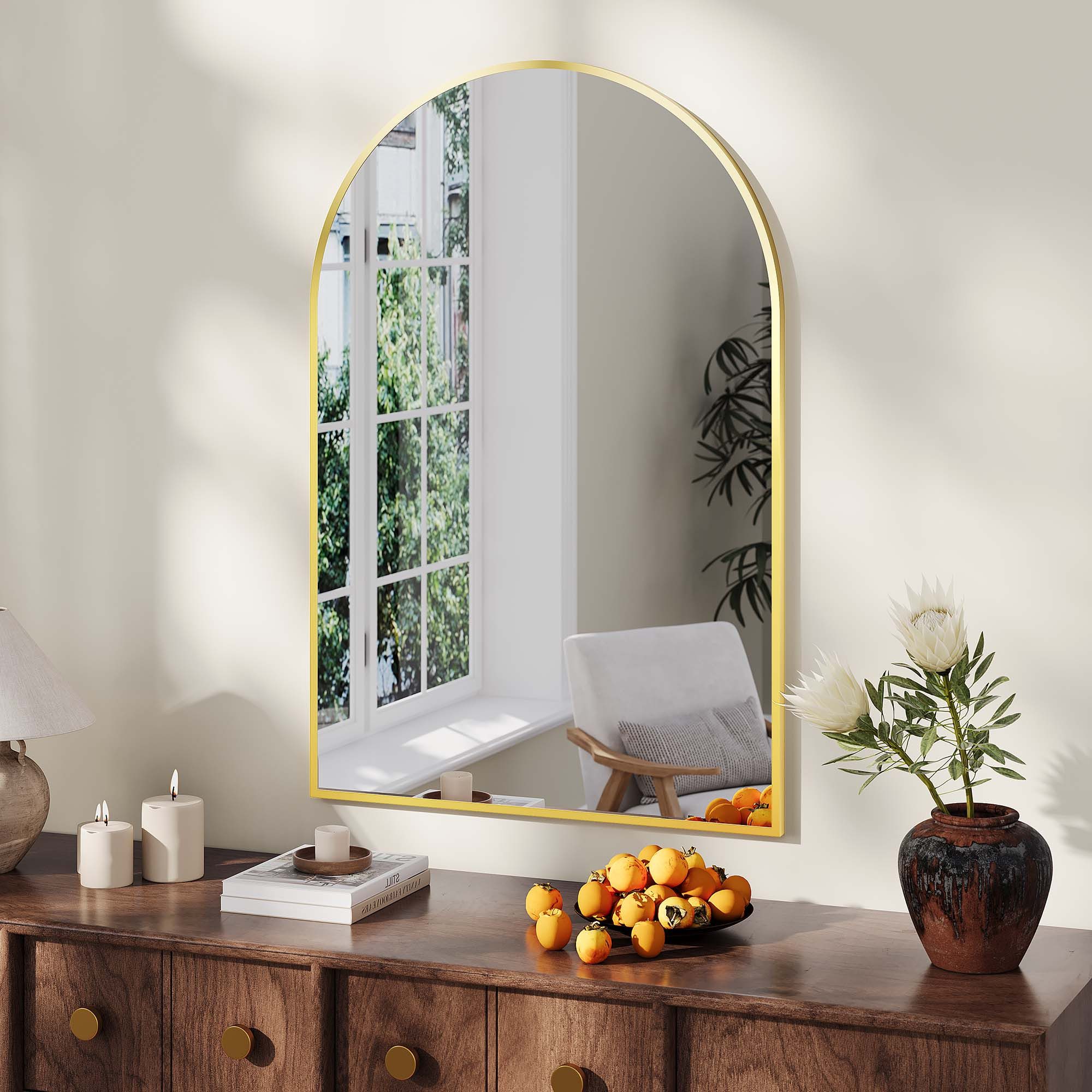 GarveeMore Badspiegel in Bogenform, 60x90 cm, Aluminiumrahmen, 5 mm Sicherheitsglas, wasserdicht, rostfrei, gold, für Badezimmer, Flur, Wohnzimmer