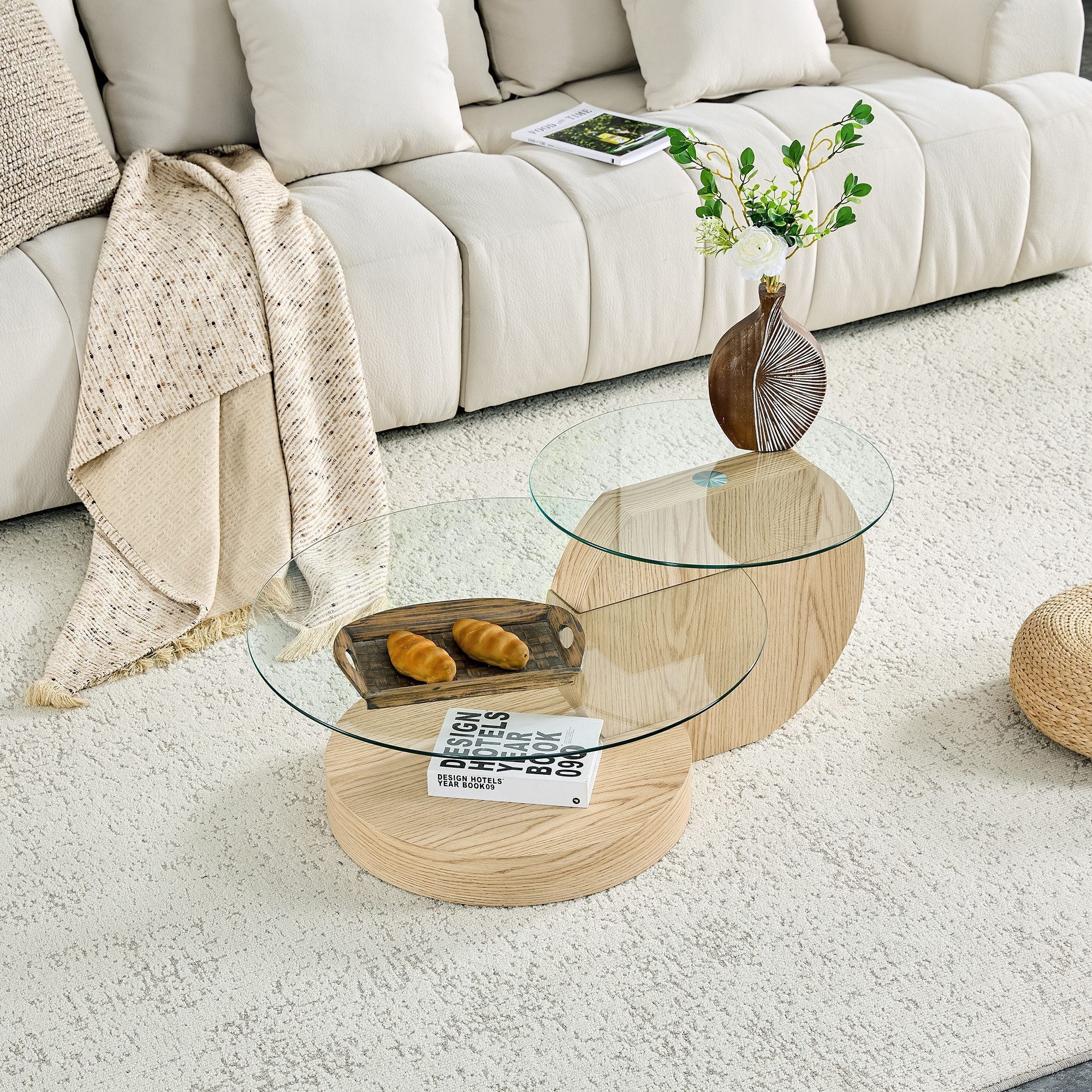 gopop Couchtisch 2er Set, Rundes Glas-Beistelltisch Wohnzimmertisch mit Stauraum, 6 mm Hartglasplatten, MDF-Basis, 90x70 cm