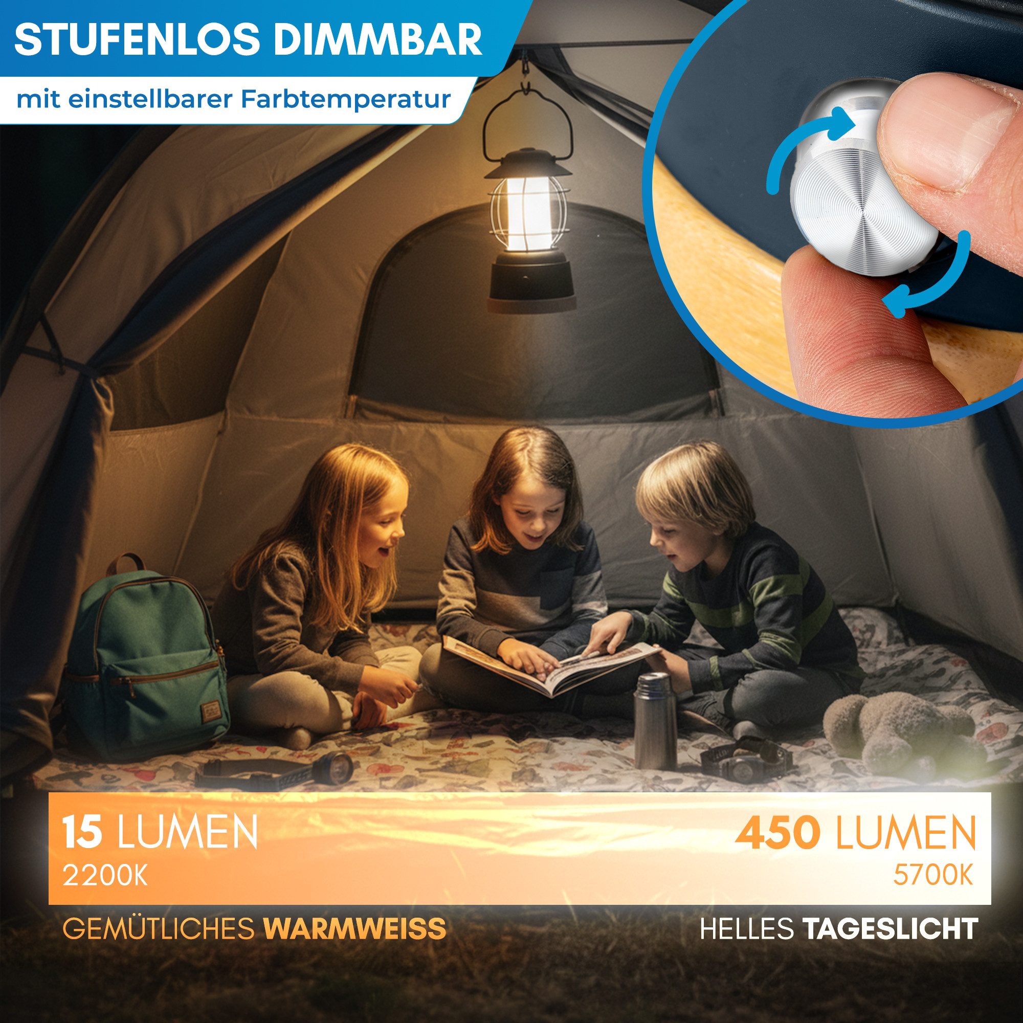 Nordmut Außen-Tischleuchte Campinglampe LED Akku aufladbar, 5200 mAh Powerbank, dimmbar, USB, LED fest integriert, Warmweiß, Tageslichtweiß, 200h Leuchtdauer, I – Bild 5 von 5