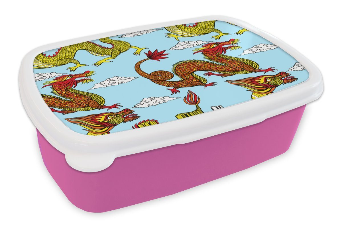 MuchoWow Lunchbox Drache - Chinesisch - Muster, Kunststoff, (2-tlg), Brotbox für Erwachsene, Brotdose Kinder, Snackbox, Mädchen, Kunststoff rosa