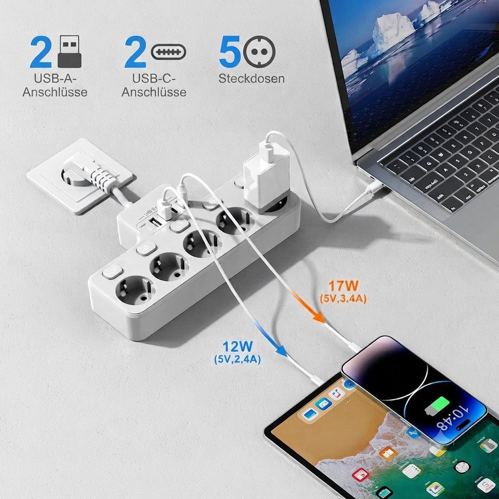 Heqishun 9in1 Steckdosenleiste mit 5 Schuko Steckdosen USB-A USB-C 4000W Mehrfachsteckdose 5-fach (4 USB-Anschlüsse (2x USB-A, 2x USB-C), USB-Touch-Schalter, Einzelschalter für Steckdosen, Kindersicherung, LED-Anzeige, 5 Schuko-Steckdosen, Wandbefestigung möglich, Kurzschlussschutz, Überlastschutz, Kindersicherung, Überspannungsschutz, Kabellänge 0,1 m), 5 Steckdosen, 4 USB, USB-C, Einzelschalter, Überspannungsschutz