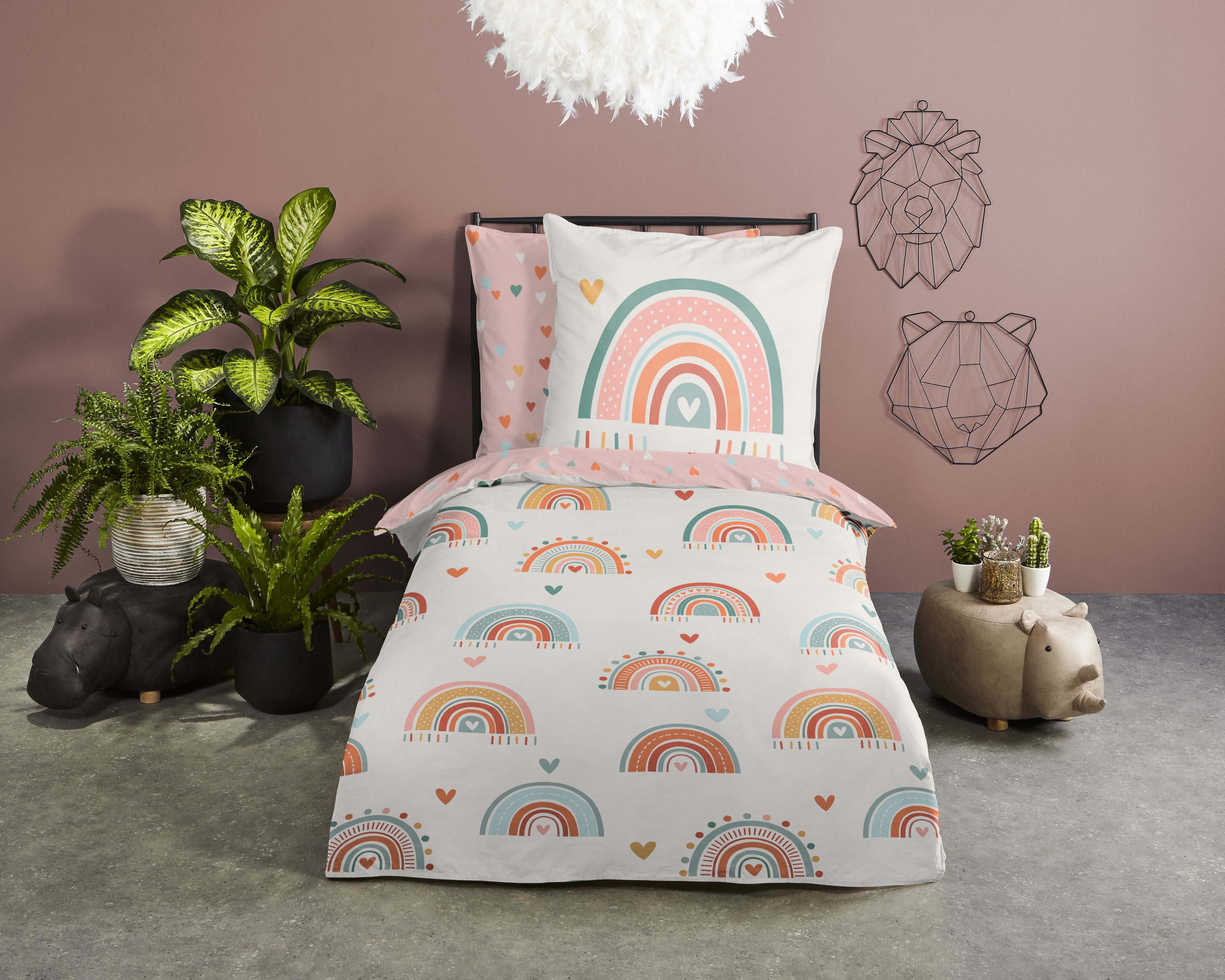 good morning Kinderbettwäsche Louie, Renforcé, 2 teilig, Baumwolle, Renforcé, Wendeoptik, Baby, Kind, Mädchen, Regenbogen, Rosa – Bild 2 von 4