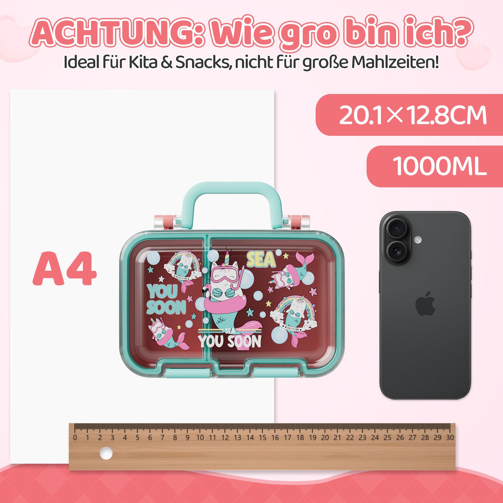 Bundviel Lunchbox Brotdose Kinder mit Fächern Bento Box Auslaufsicher Lunchbox, PP+ABS, (mit 100ml Edelstahl-Dippschale, Kindergarten und Schule - Mädchen und J – Bild 4 von 5