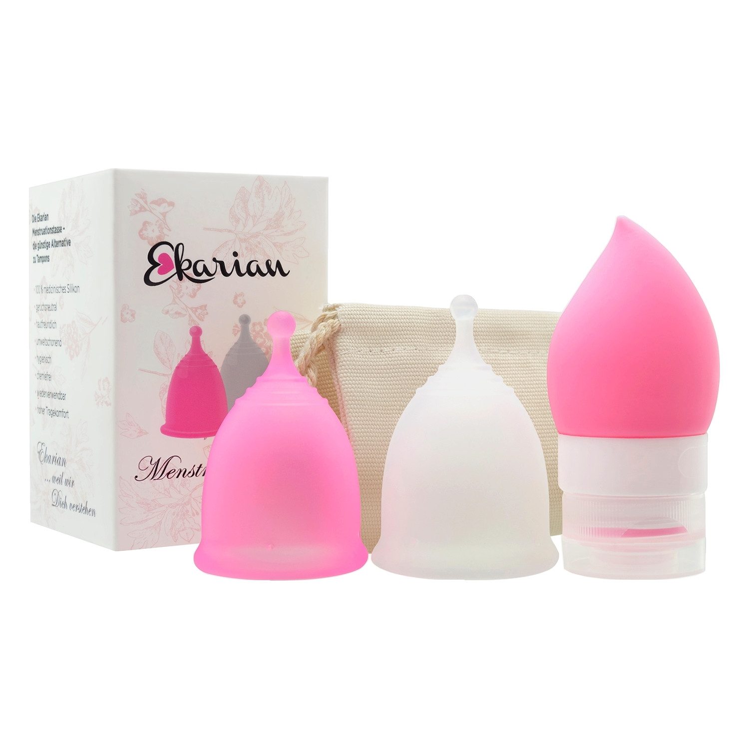 Menstruationstasse Menstruationstassen Set (S & L) mit Aufbewahrungsbeutel & Waschflasche