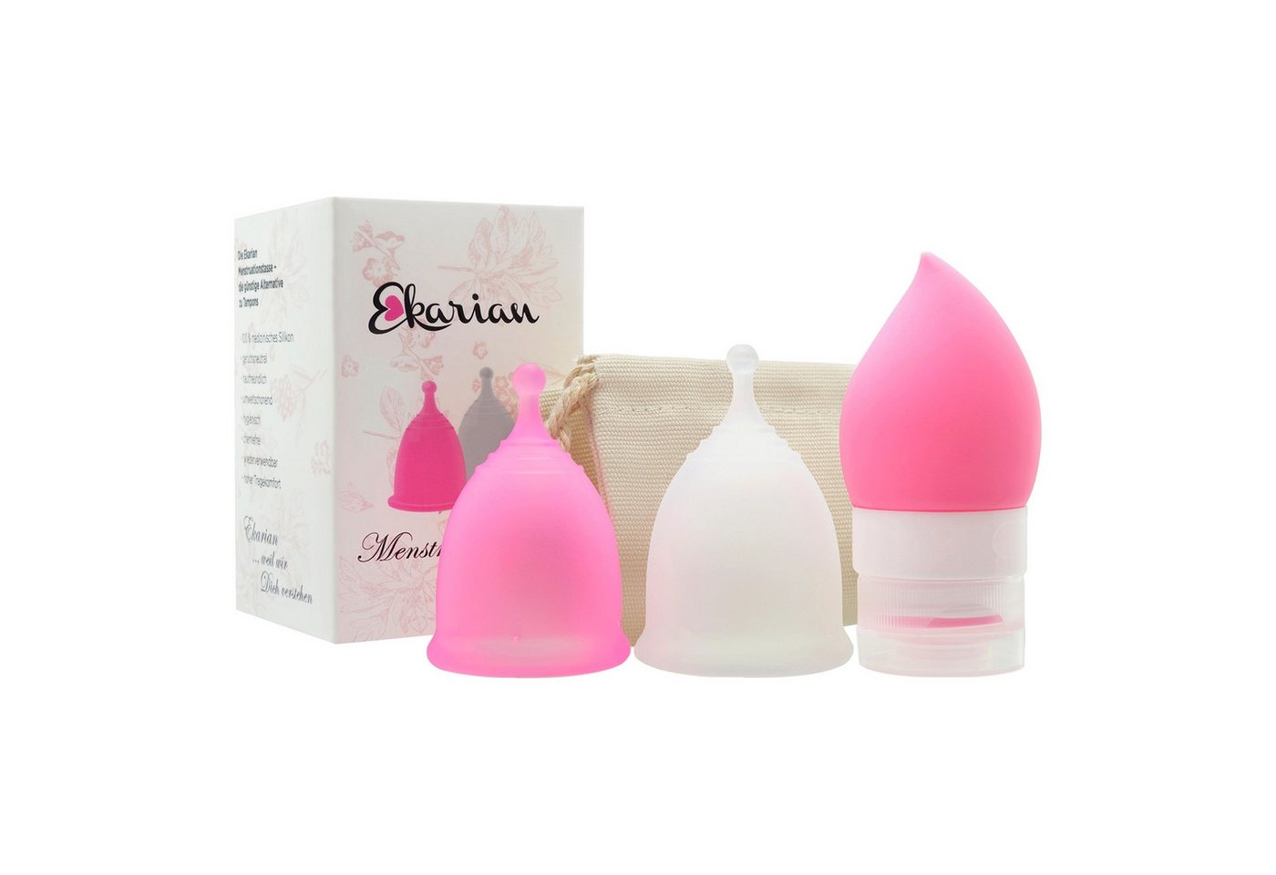 Ekarian Menstruationstasse Menstruationstassen Set (S & L) mit Aufbewahrungsbeutel & Waschflasche, 2-St.