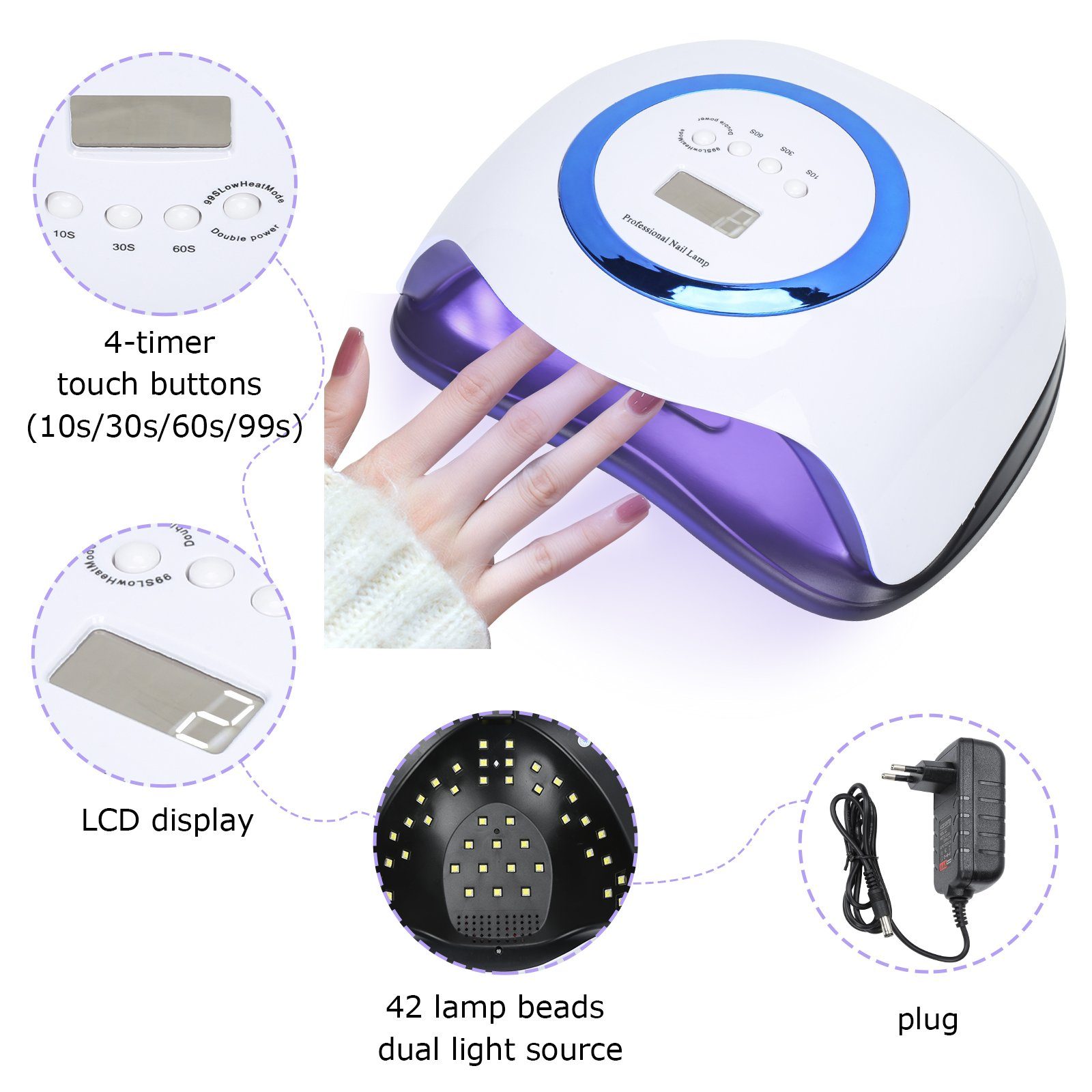 Lospitch Lichthärtungsgerät Nageltrockner NagelLampe UV Sekunden 10 Timer, mit LED 4 Lichthärtungsgerät,168W Hochgeschwindigkeitstrocknung