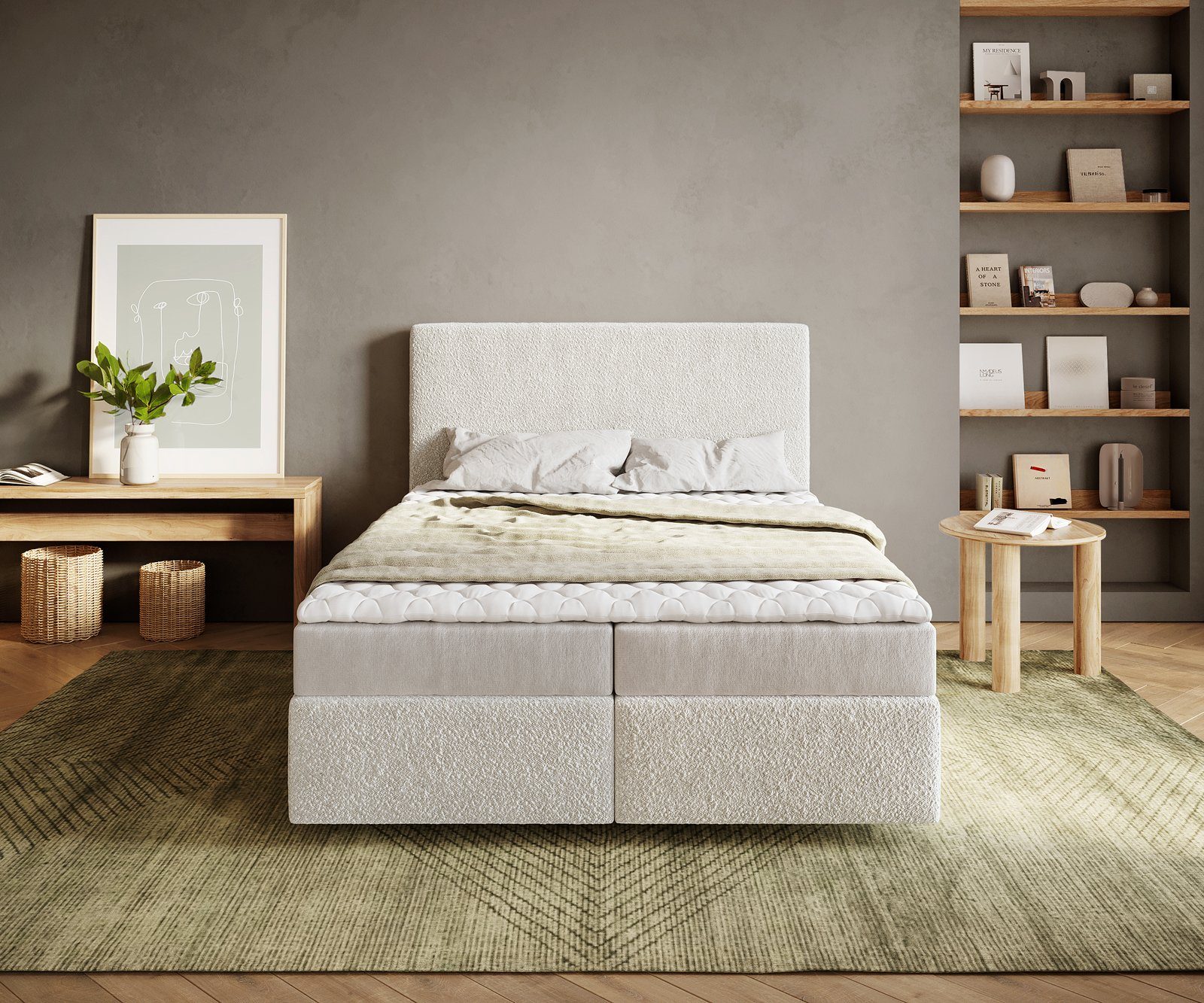 DELIFE Boxspringbett Dream-Well, Bouclé Creme-Weiß 140x200 günstig online kaufen