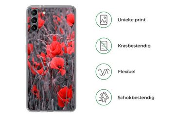 MuchoWow Handyhülle Rote Mohnblumen in einem Schwarz-Weiß-Bild, Phone Case, Handyhülle Samsung Galaxy S21 Plus, Silikon, Schutzhülle