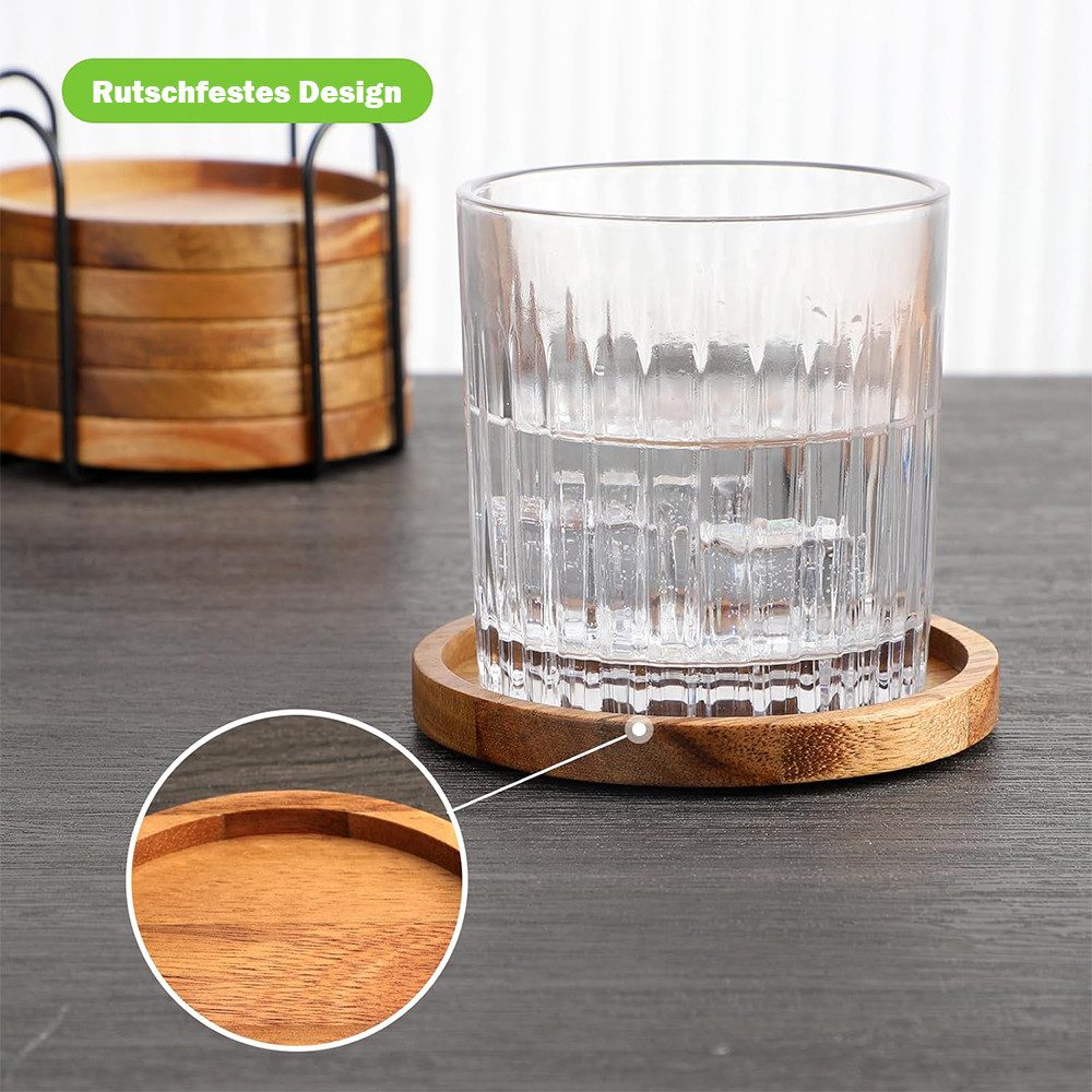 AFKSMILE Getränkeuntersetzer 6 Stück Akazienholz Untersetzer, Untersetzer Holz Rund für Gläser, 6-tlg., Getränke Tassenuntersetzer mit Halter Holzuntersetzer Gl – Bild 2 von 5