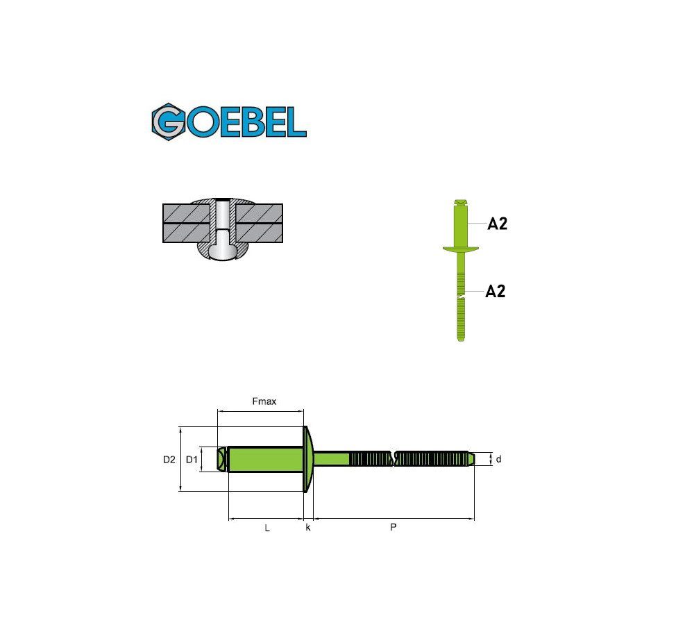 gerilltem Großkopf - 250 mm, Niete 7035148135, Edelstahl – gerilltem 4,8 GOEBEL A2 St., 13,5 Großkopf V2A- (250x Edelstahl mit - Nietdorn / STANDARD x Popniete), mit Nietdorn V2A- GmbH A2 Blindniete