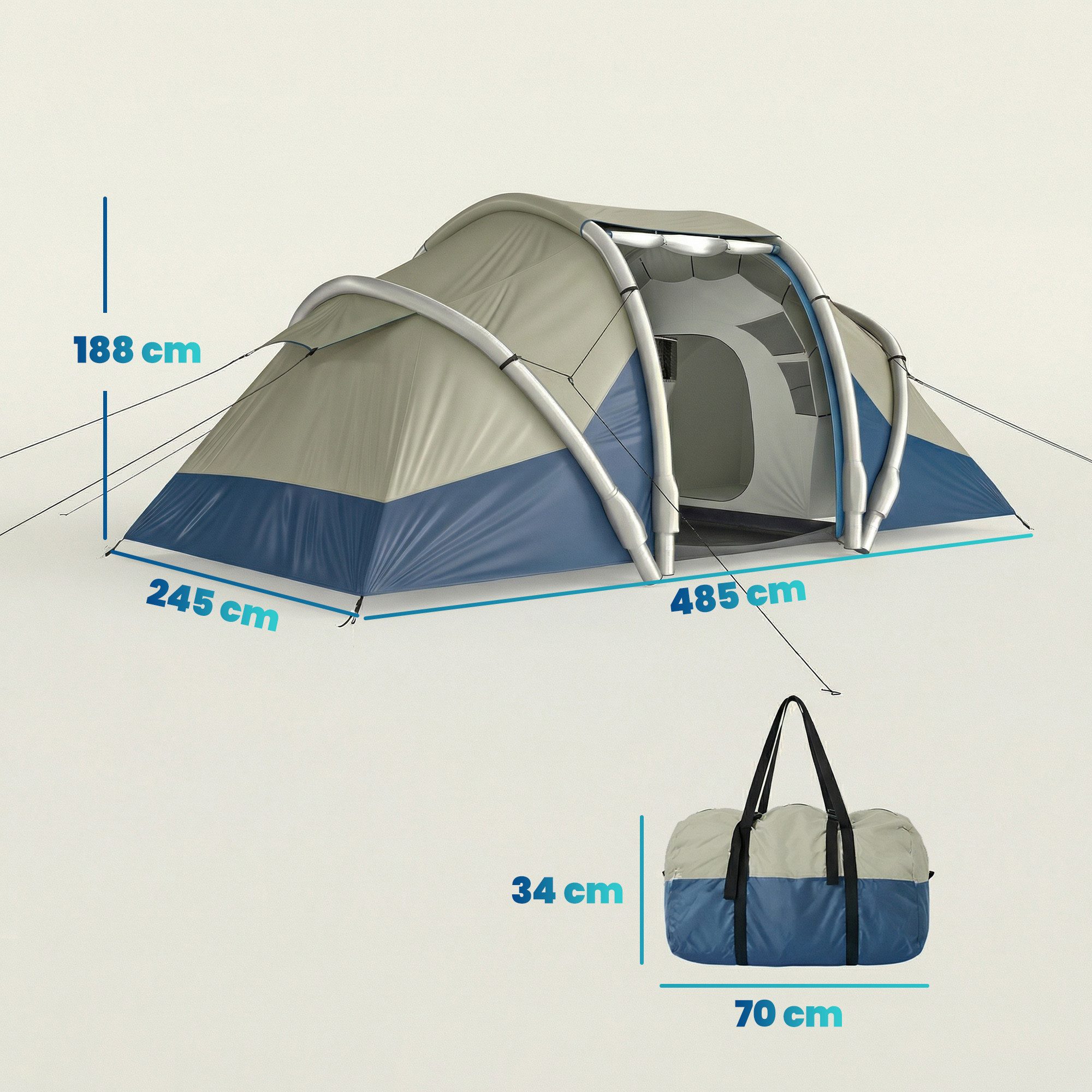 Outsunny aufblasbares Zelt mit Luftpumpe, 2 Schlafzimmer, Meshfenster, fluoreszierend Heringen, Personen: 4 (Outdoor Camping Zelt, 5 tlg., Air Glamping Zelte), aus Oxfordstoff