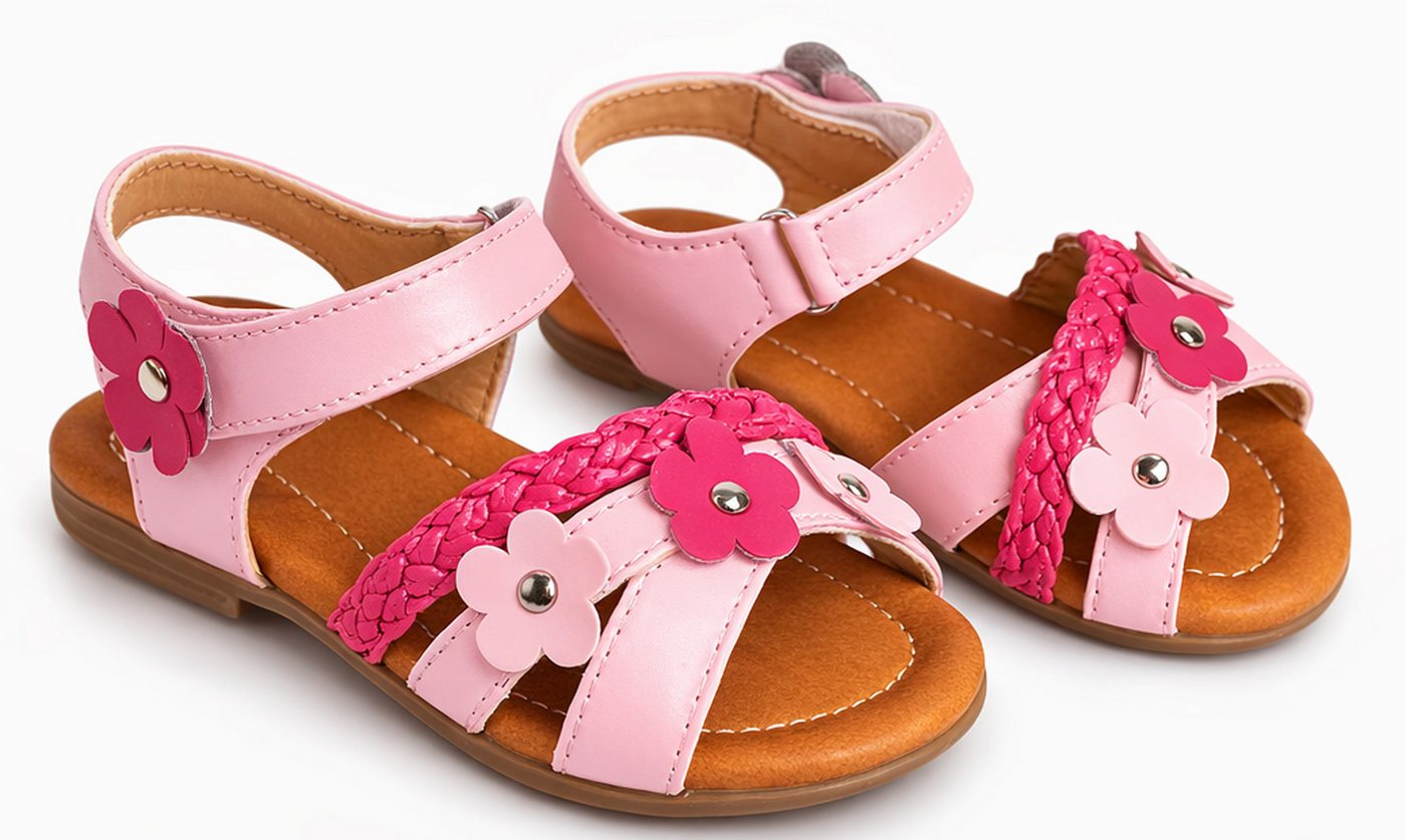 Kaiser24 Mädchen Sandalen Rosa mit Blumen – Leder Sommerschuhe Klettverschluss Sandale