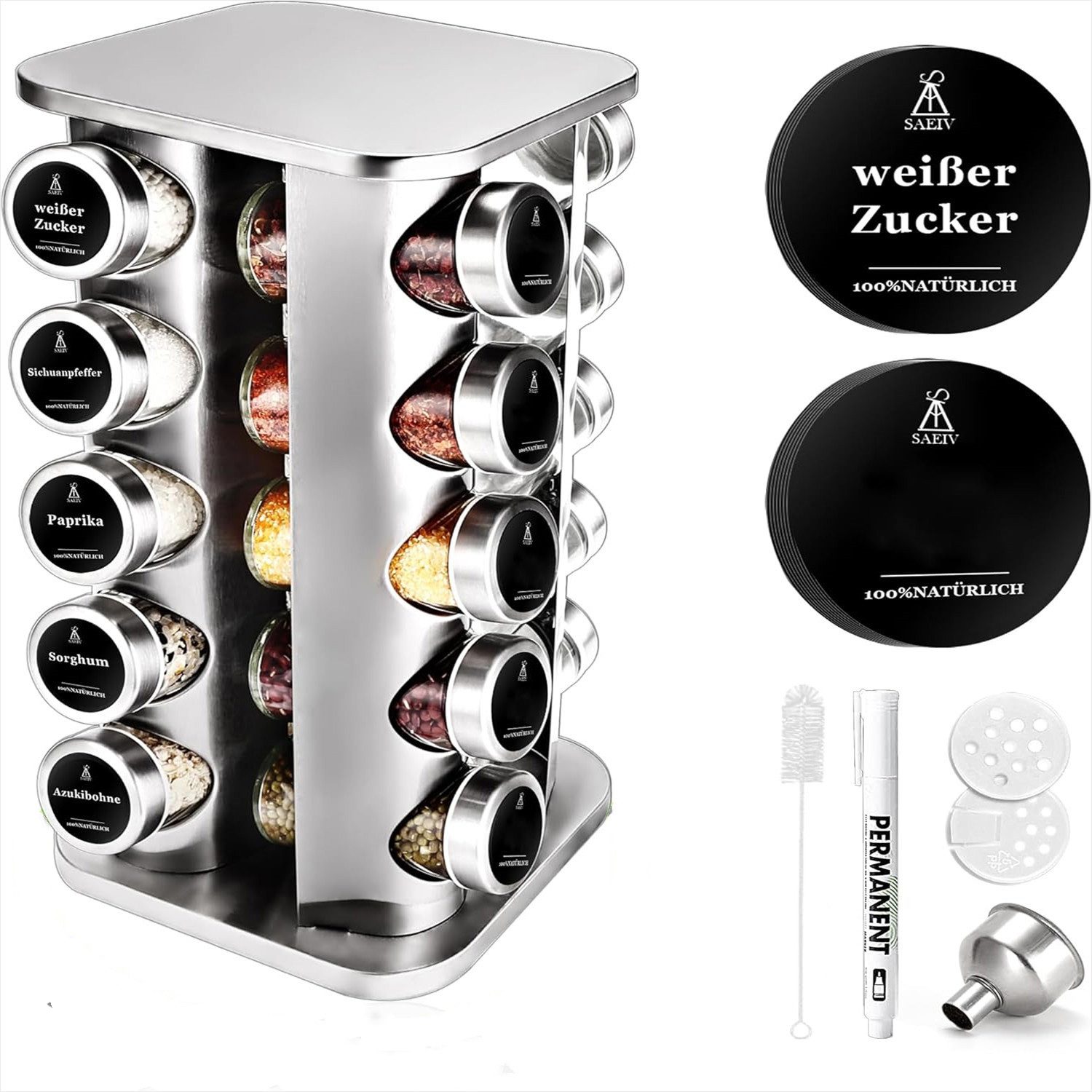 Gewürzregal Fünflagig Quadrat Gewürzregale Drehbar mit 20Stk.100ml-Gewürzgläser