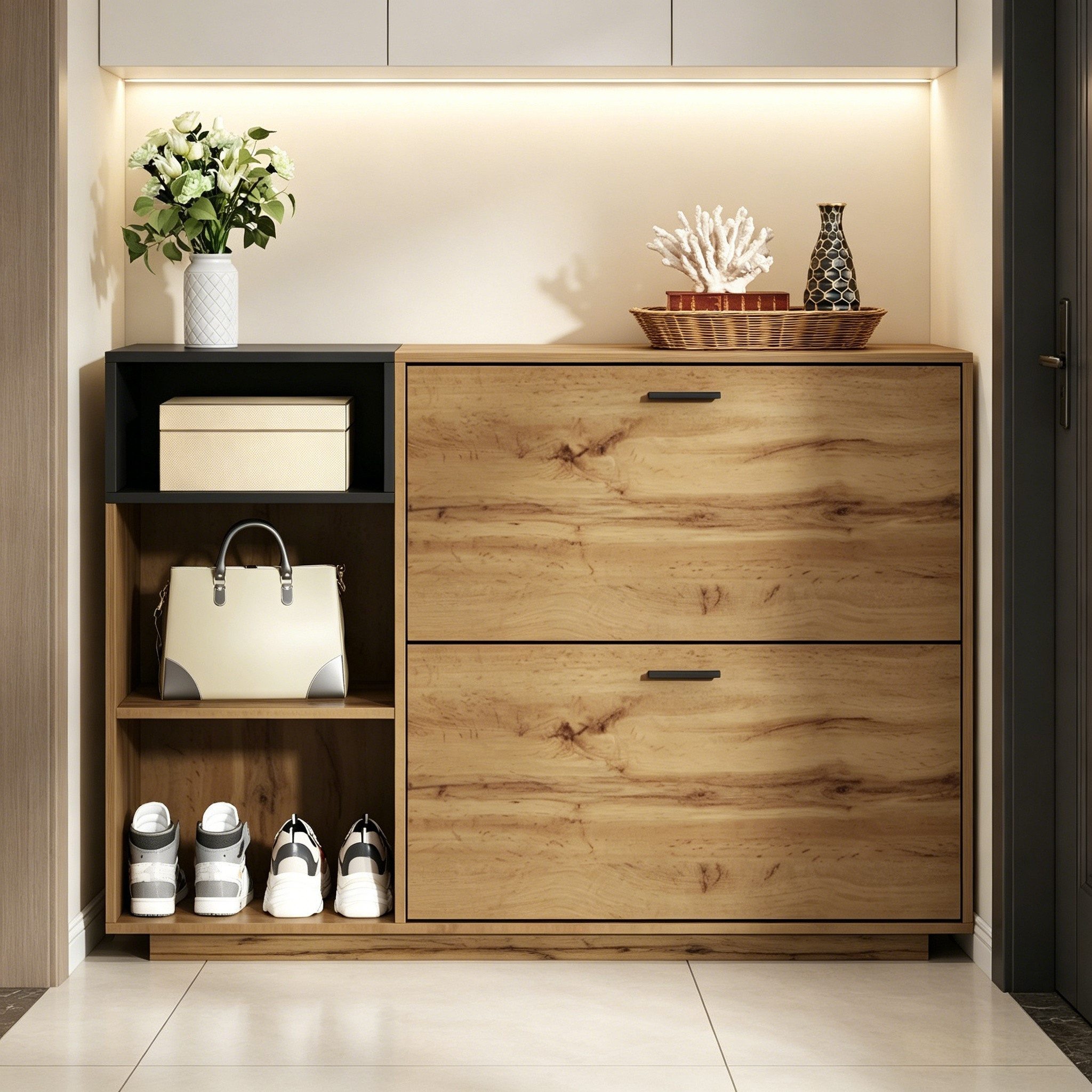 Merax Schuhschrank in Naturholz und Schwarz (Sideboard Eingangsschrank 120x32x84,5 cm, 1-St) Schuhkommode mit 3 offenen Fächern, 2 Klappfächern & Stauraum