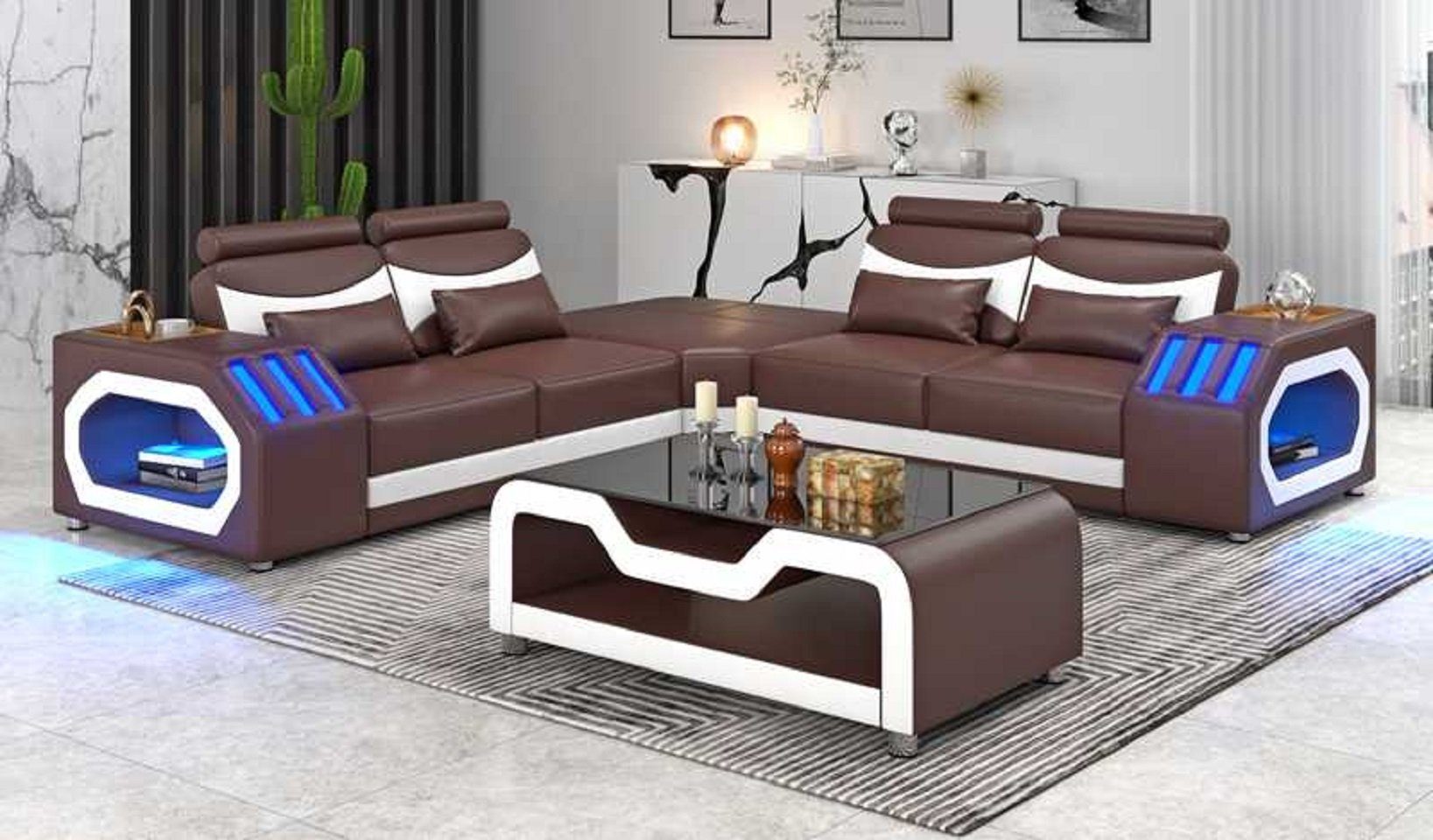 JVmoebel Ecksofa Eckgarnitur Ecksofa L Form Ledersofa Couch Sofa Luxus Moderne, 3 Teile, Made in Europe Braun