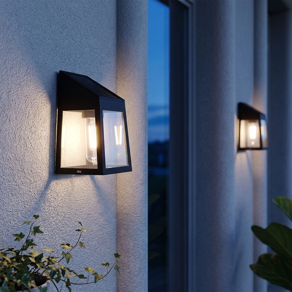 Harms Import LED Solarleuchte, LED-Leuchtmittel fest verbaut, Warmweiß, 2x LED Solarwandleuchte Außen Solar Wandlampe Fassaden Laterne schwarz