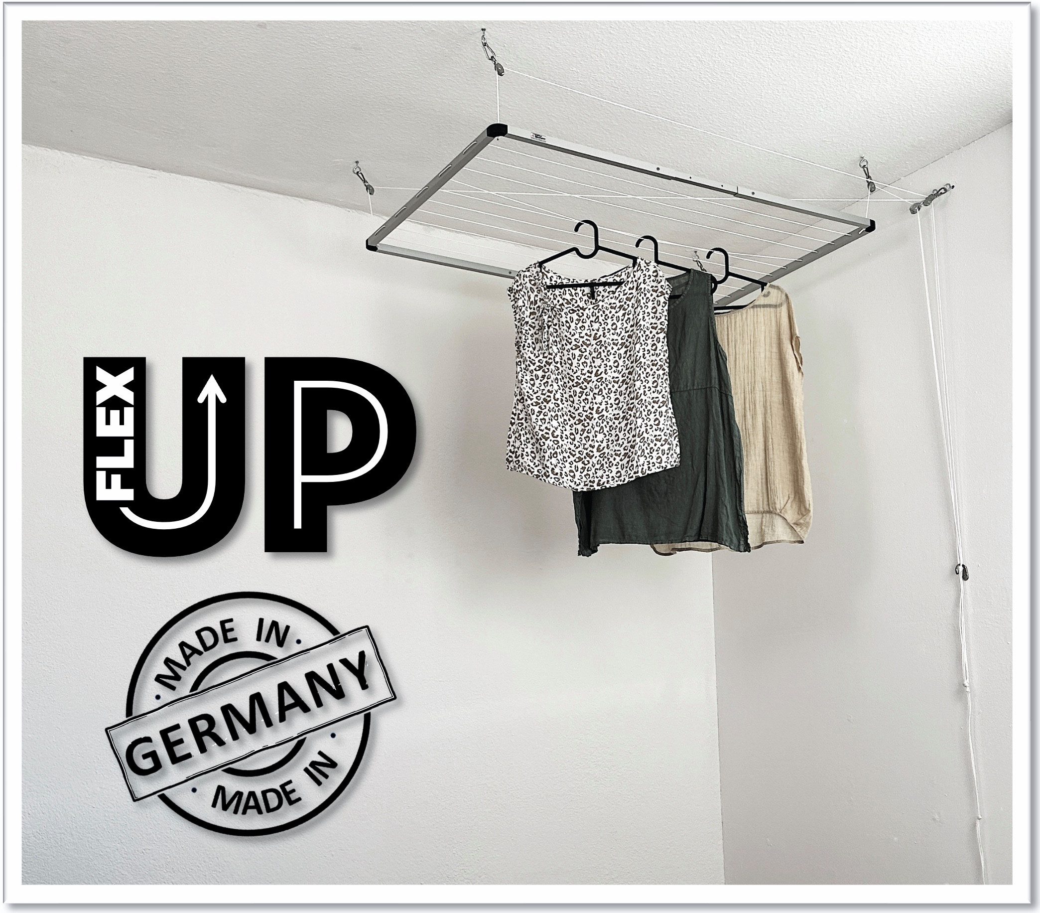 DRY-SMART Deckenwäschetrockner FLEX UP, 10 m - 16 m Trockenlänge, Platzsparend, Rostfreies Aluminium