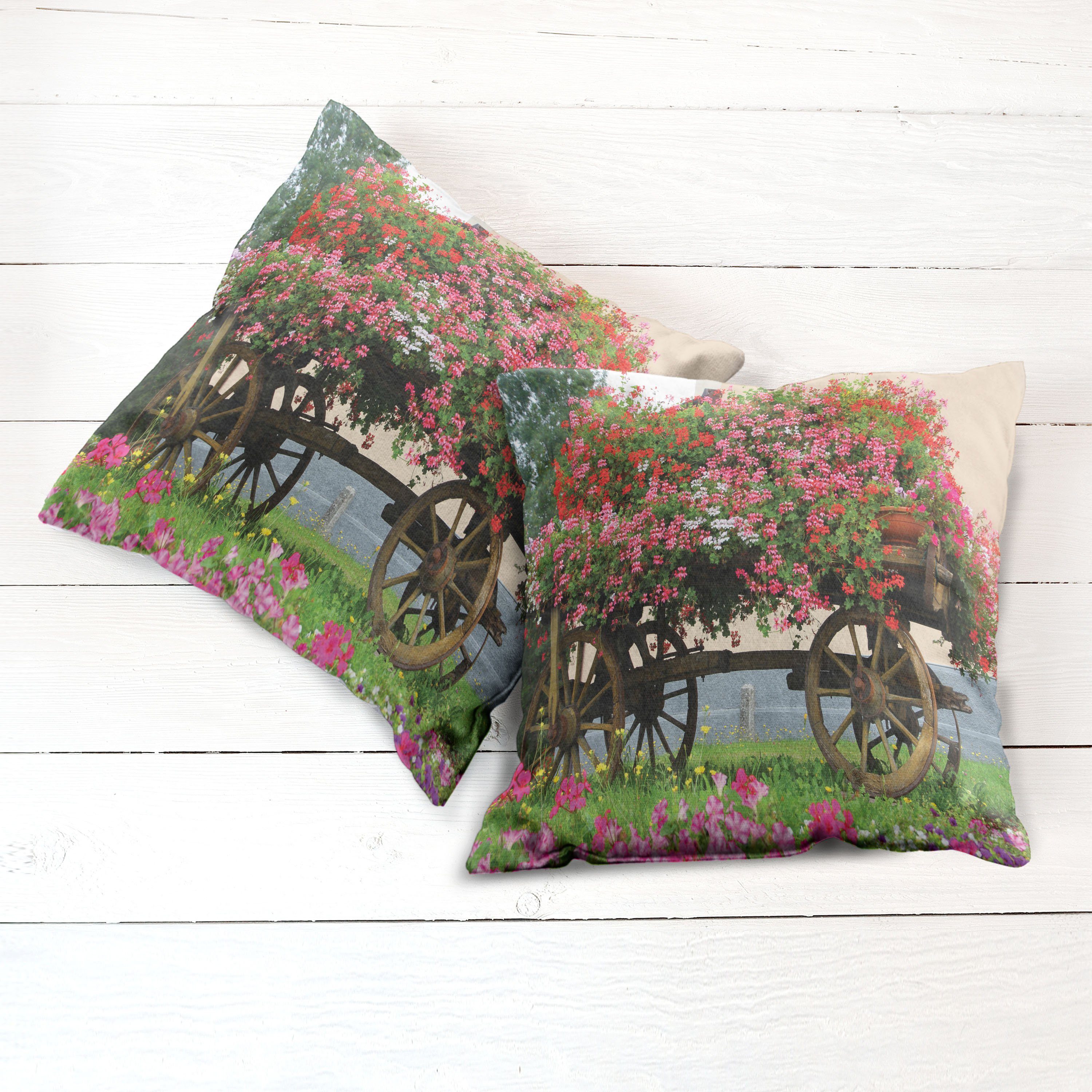 Modern Stück), in (2 Abakuhaus Holz Doppelseitiger Kissenbezüge Pelargonien Accent Blumen Wagon Digitaldruck,