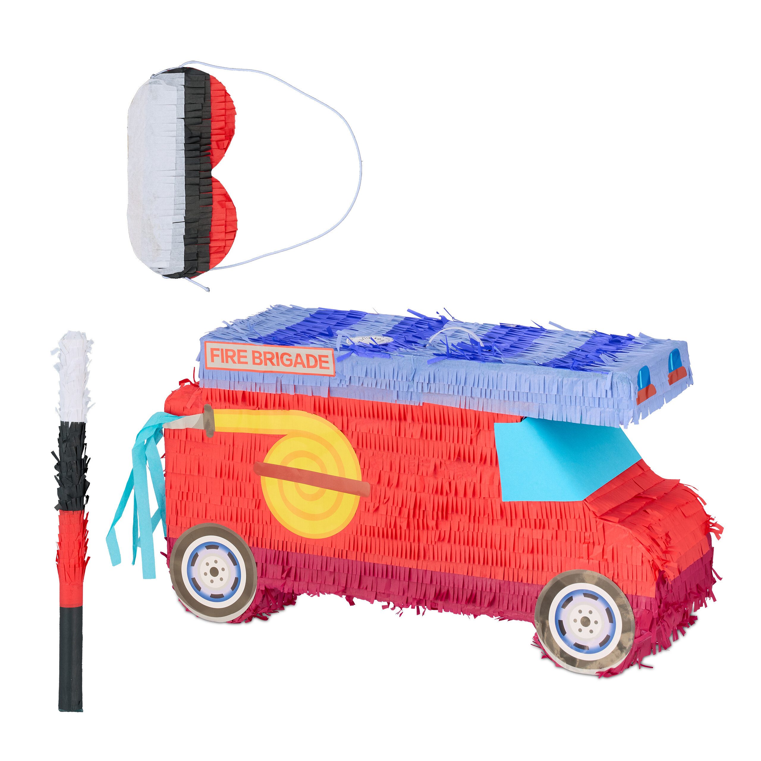 relaxdays Pinata Feuerwehrauto mit Stab und Maske